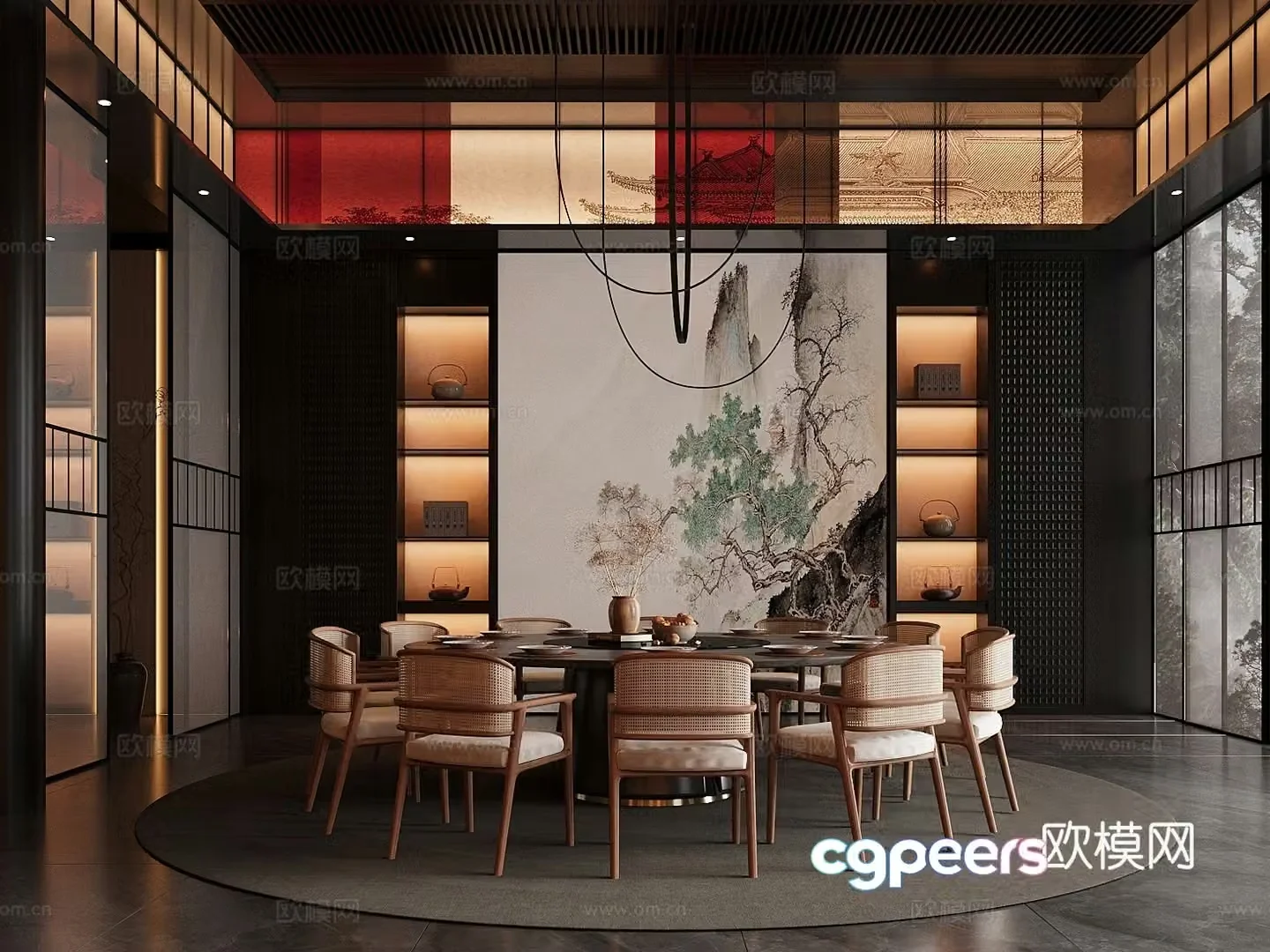 New Chinese restaurant box dining table and chair combination decorative cabinet tableware 3D model