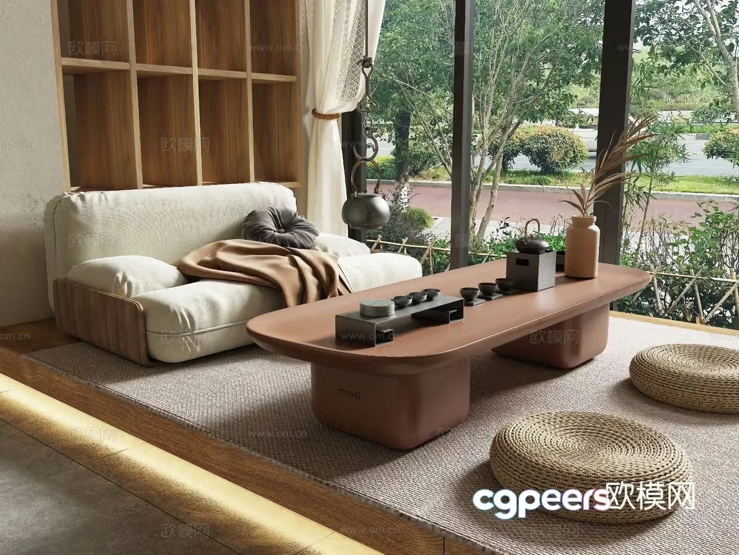 Chinese style tatami tea table and chairs 3d model
