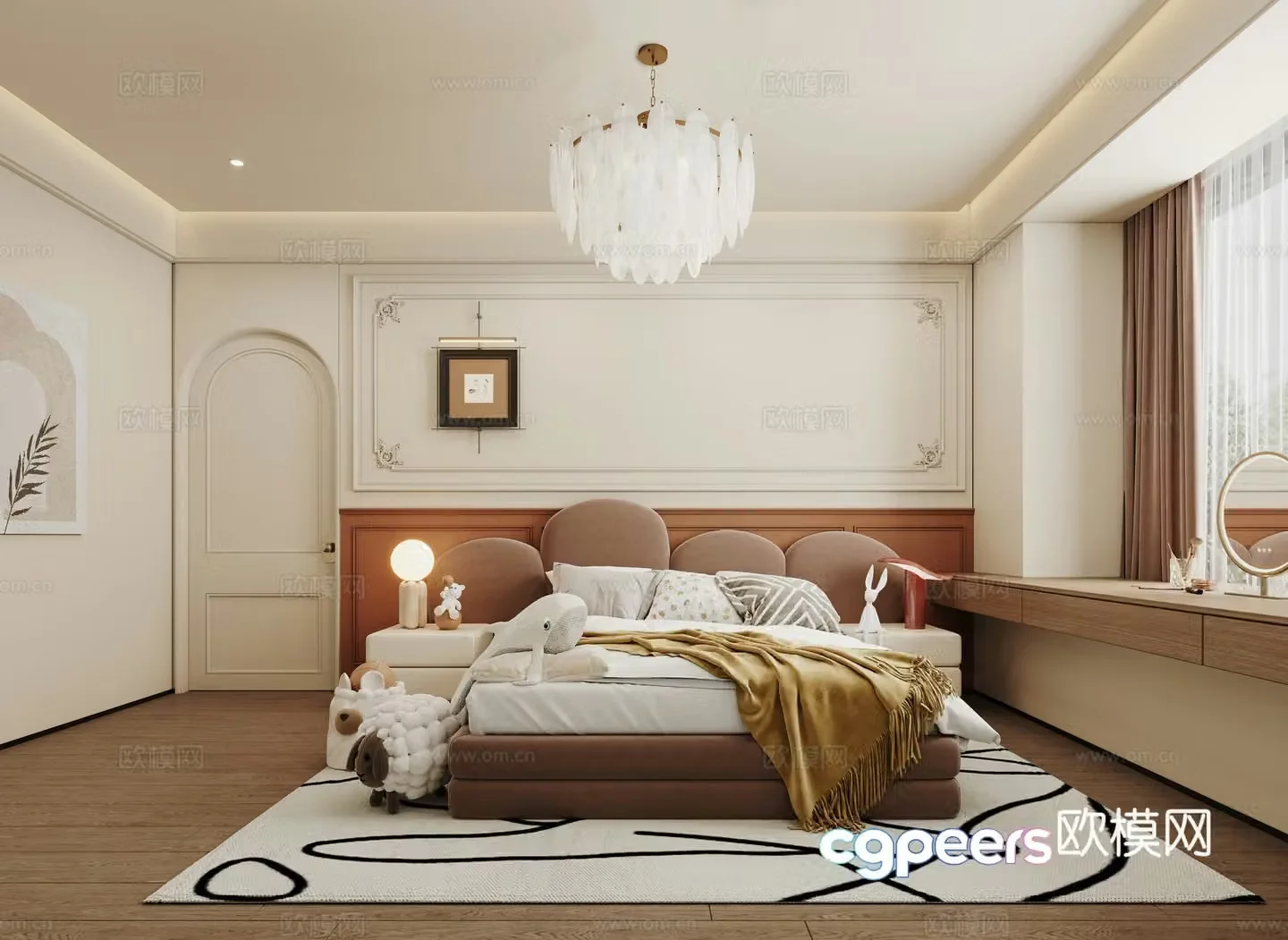Creamy children’s room chandelier double bed 3d model