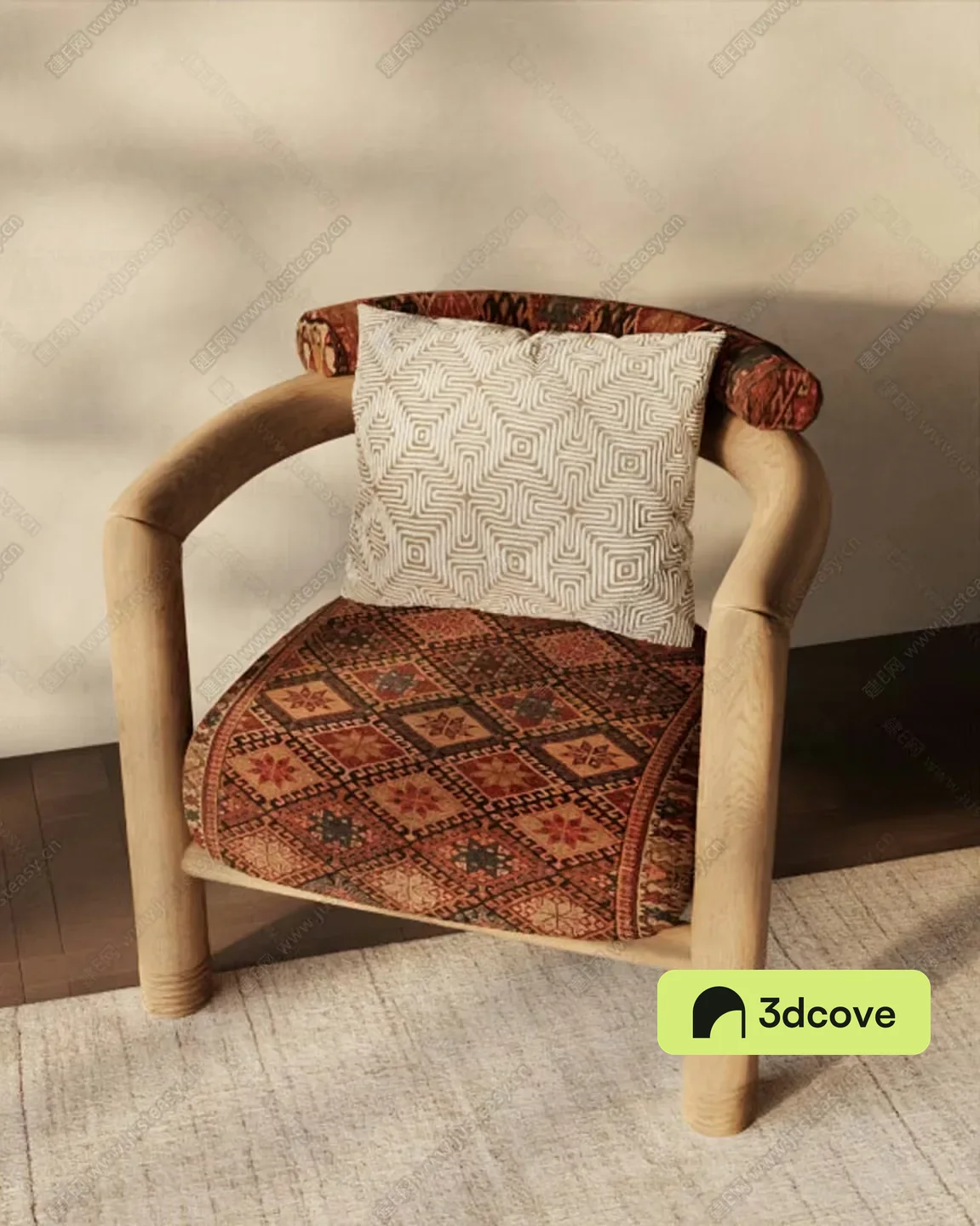Wooden Armchair With Patterned Seat And Back