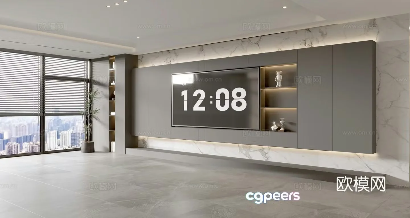 Modern Italian living room light luxury TV background wall full wall TV cabinet marble background wall 3d model