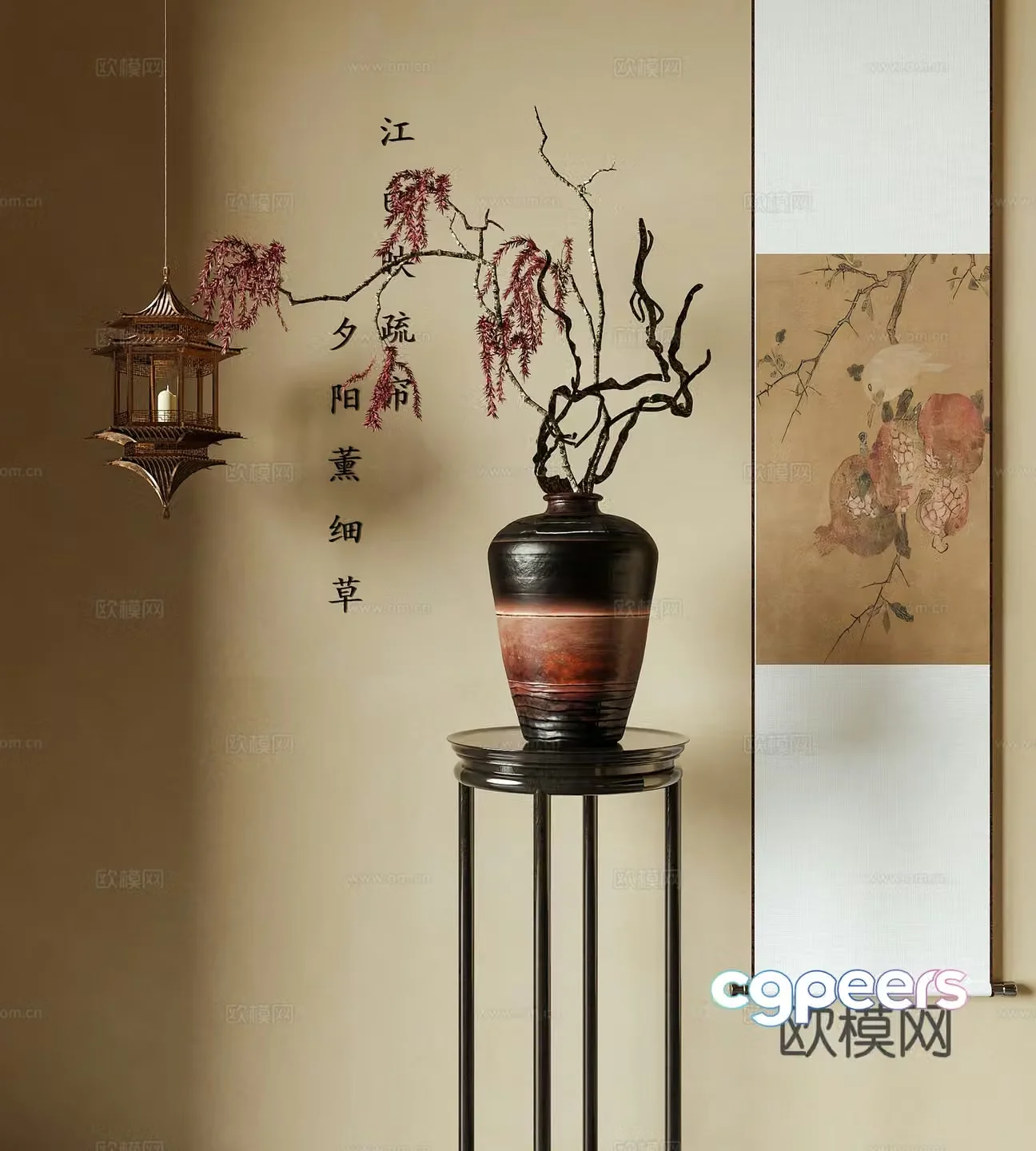 New Chinese vase flower art flower arrangement flower art hanging painting 3D model