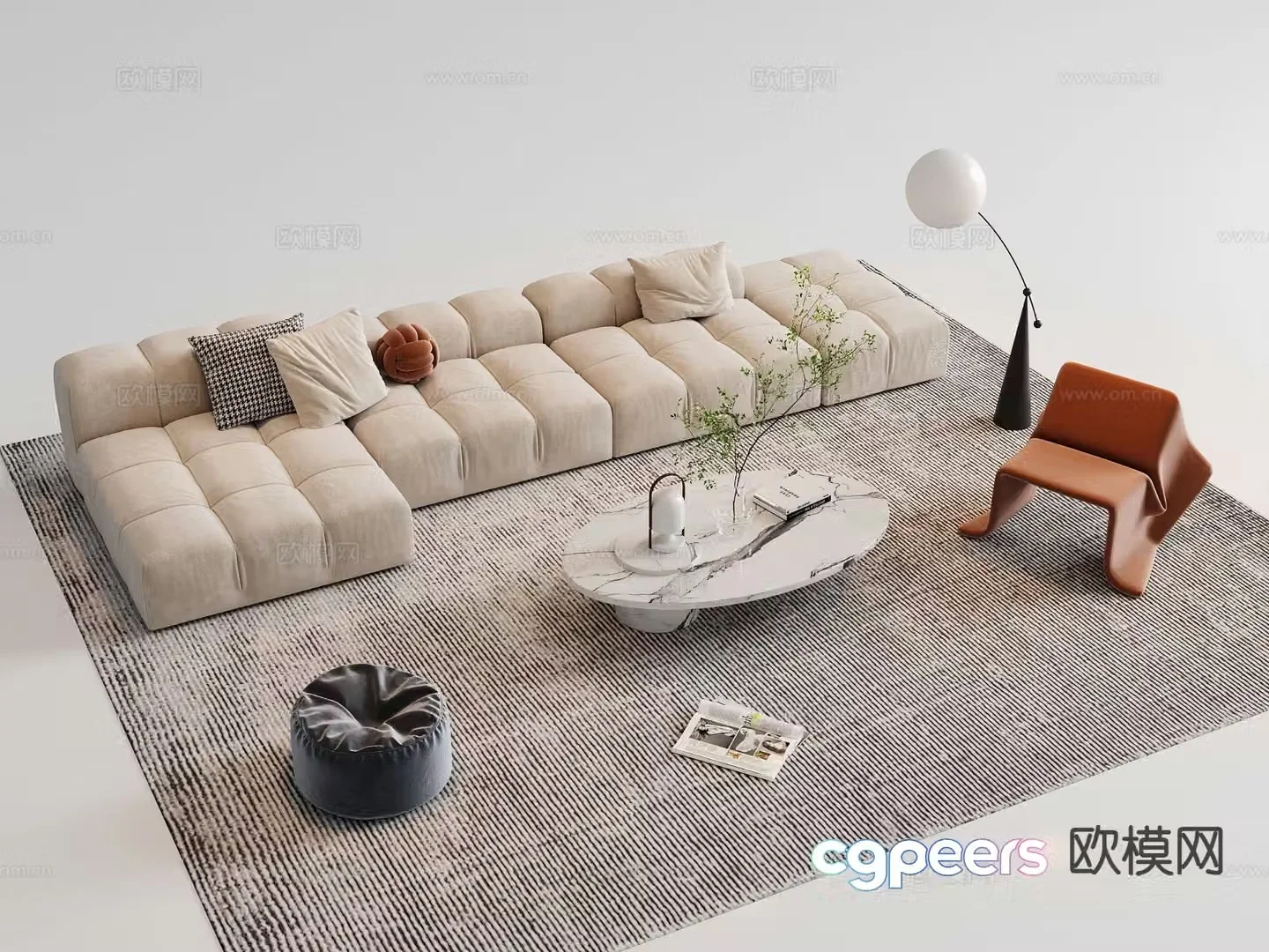 Cream style modular sofa L-shaped corner sofa single sofa coffee table 3D model