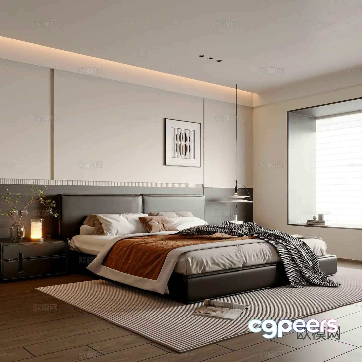 Modern minimalist bedroom master bedroom leather double bed chandeliers desk lamp bedside table 3D model