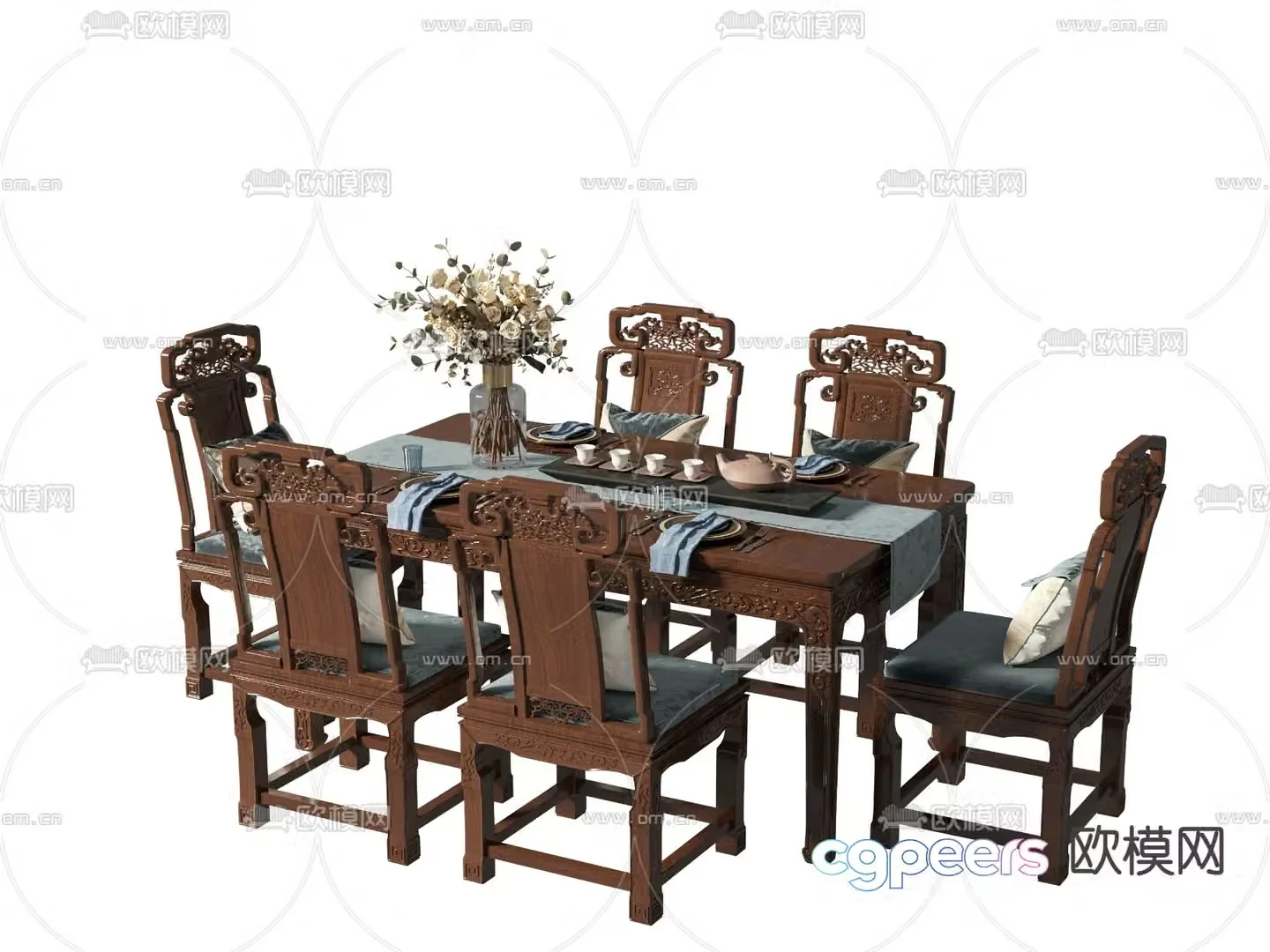 Chinese dining table and chairs mahogany dining table 3d model
