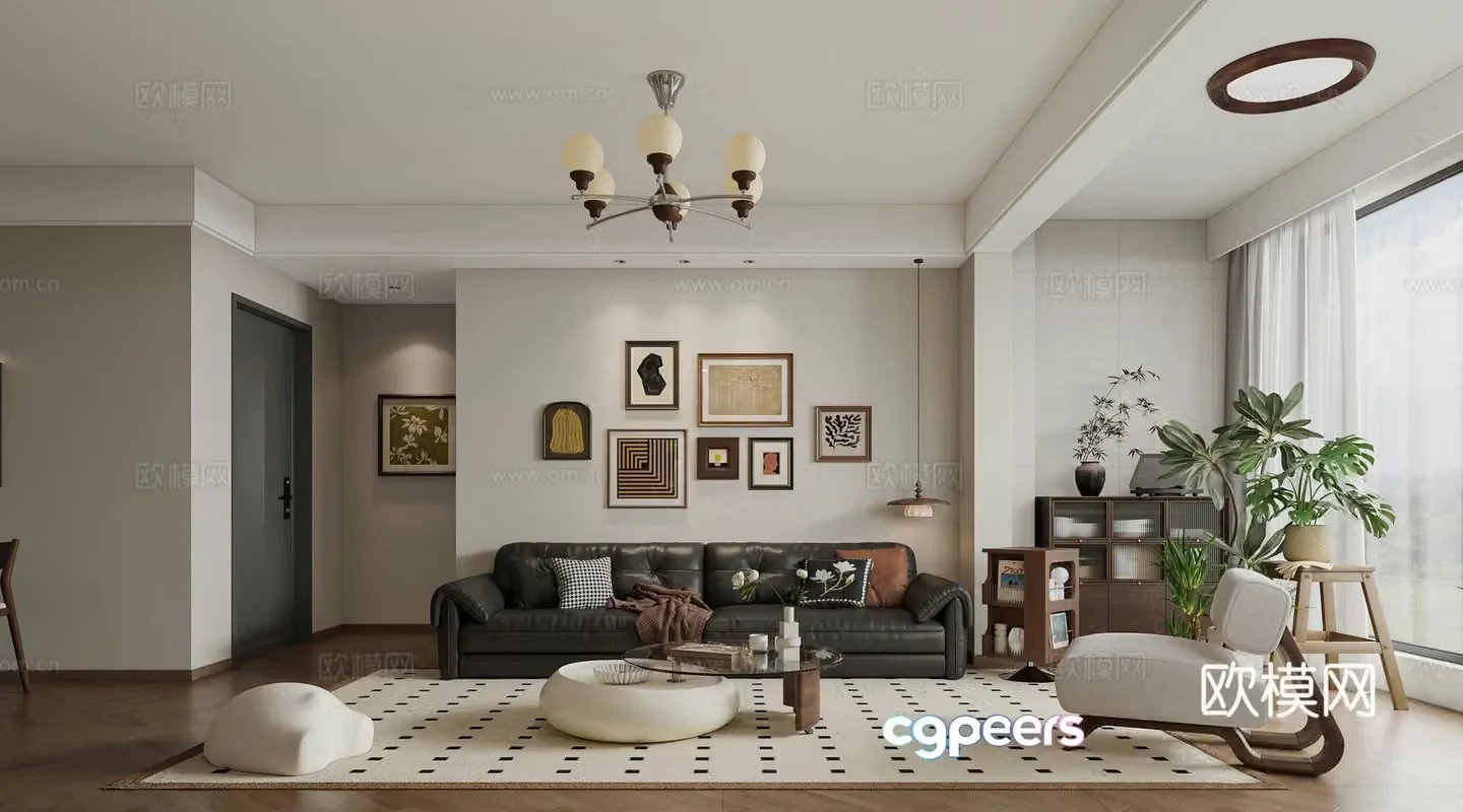 Medium style living room sofa background sofa coffee table combination 3d model
