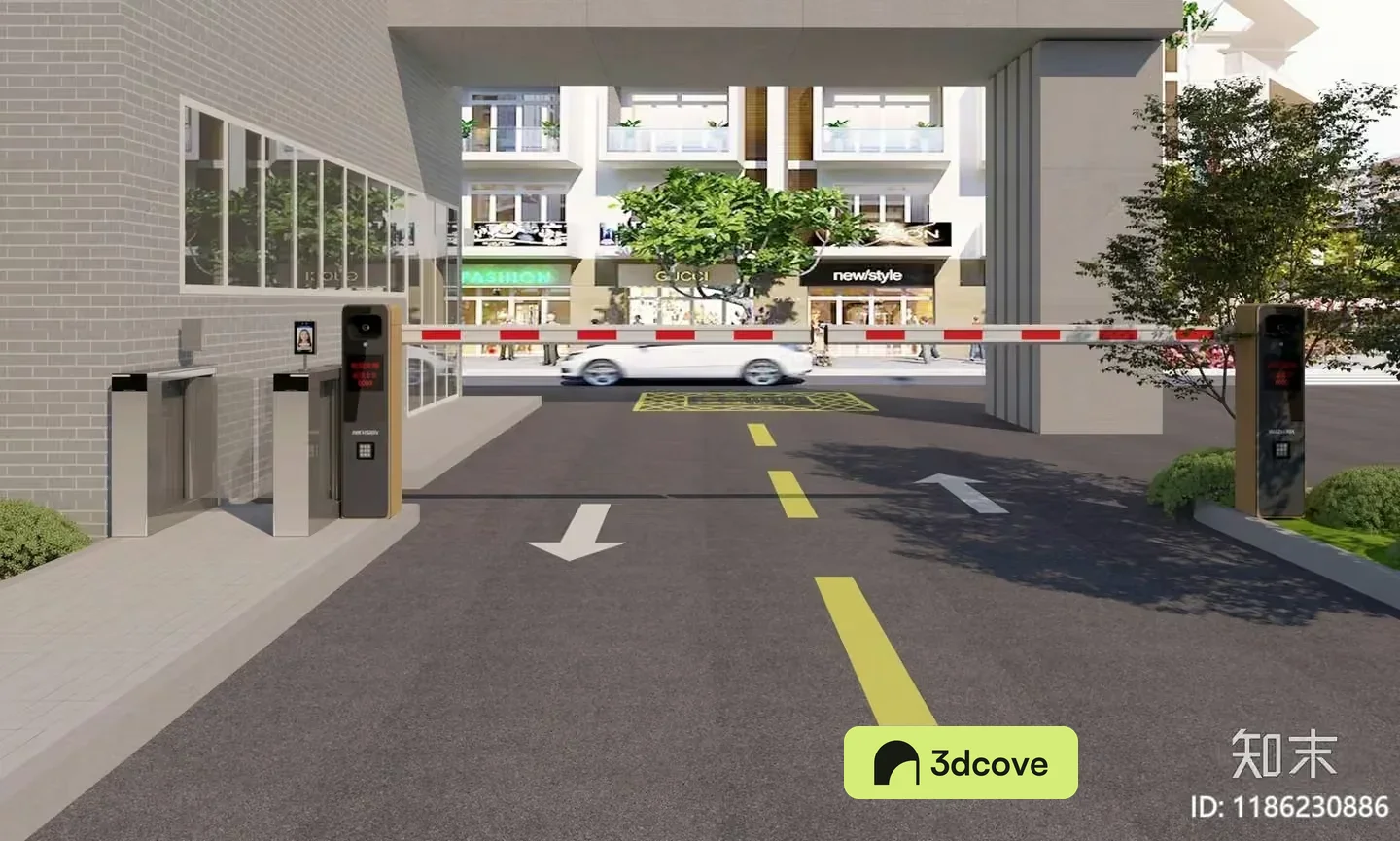A White Car Driving Through A Barrier Gate