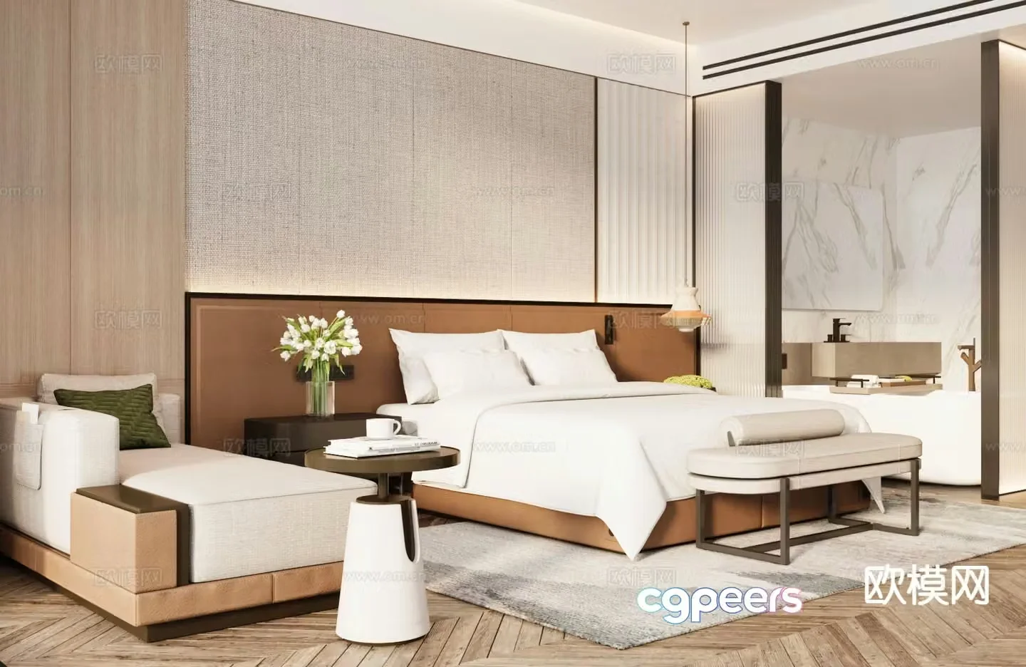 Light luxury hotel suite queen-bed room 3D model