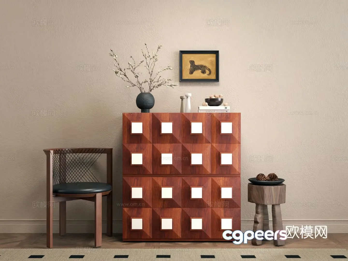 Retro square side cabinet drawer 3d model