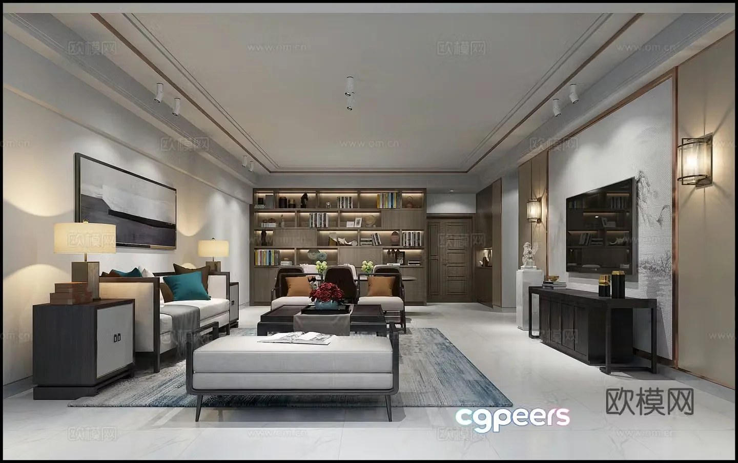 Modern living room sofa TV cabinet hanging painting wall lamp dining table 3d model