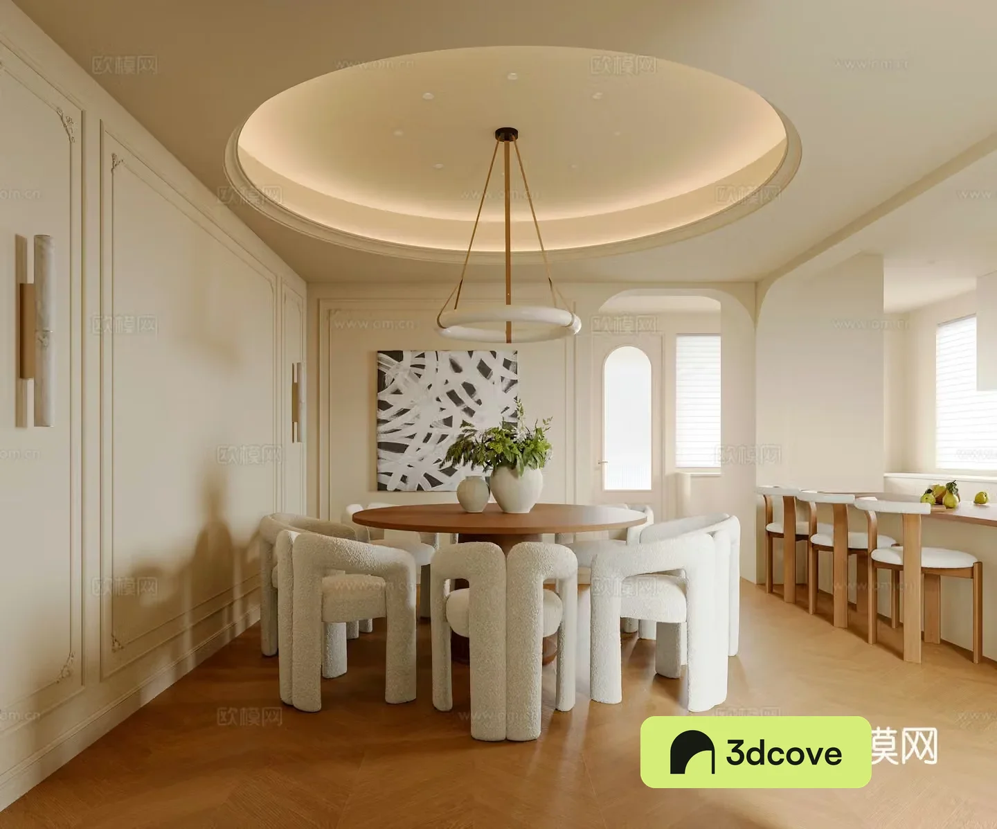 French Cream Restaurant Round Dining Table Chandelier Hanging Painting Card Dining Chair