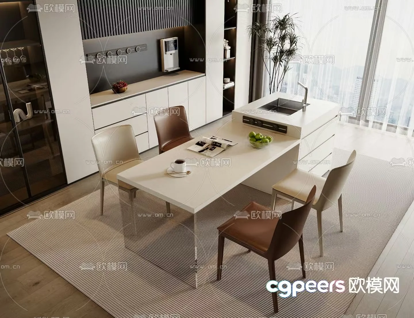 Island table dining table and chairs 3d model