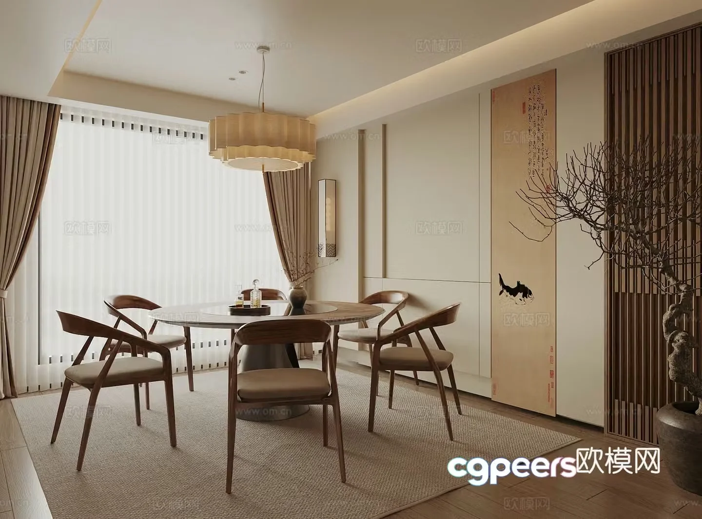 Song style restaurant New Chinese style restaurant Round dining table and chair combination chandeliers curtains Background wall 3D model