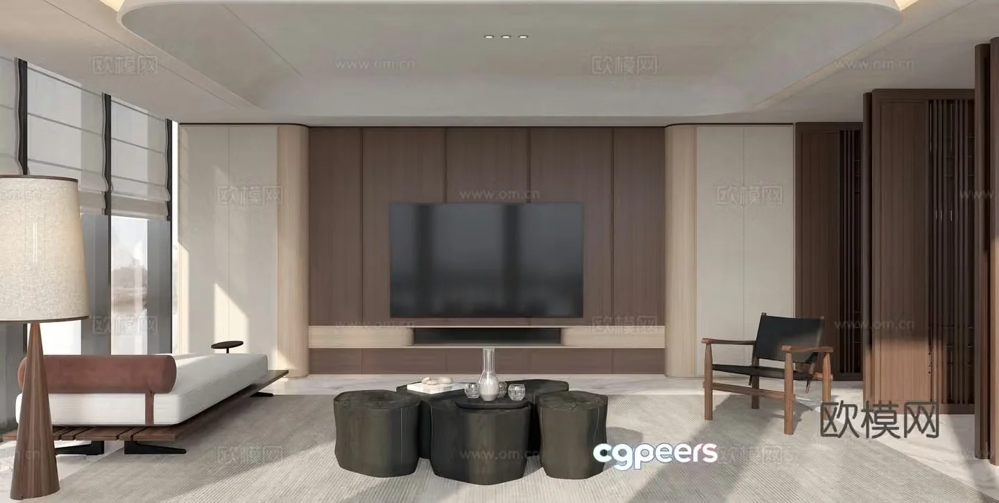 New Chinese style living room medieval living room TV background wall leisure chair medieval coffee table sofa 3d model