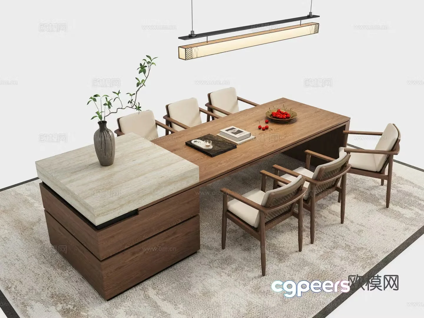 Zen New Chinese Dining Table and Chair Combination 3D Model