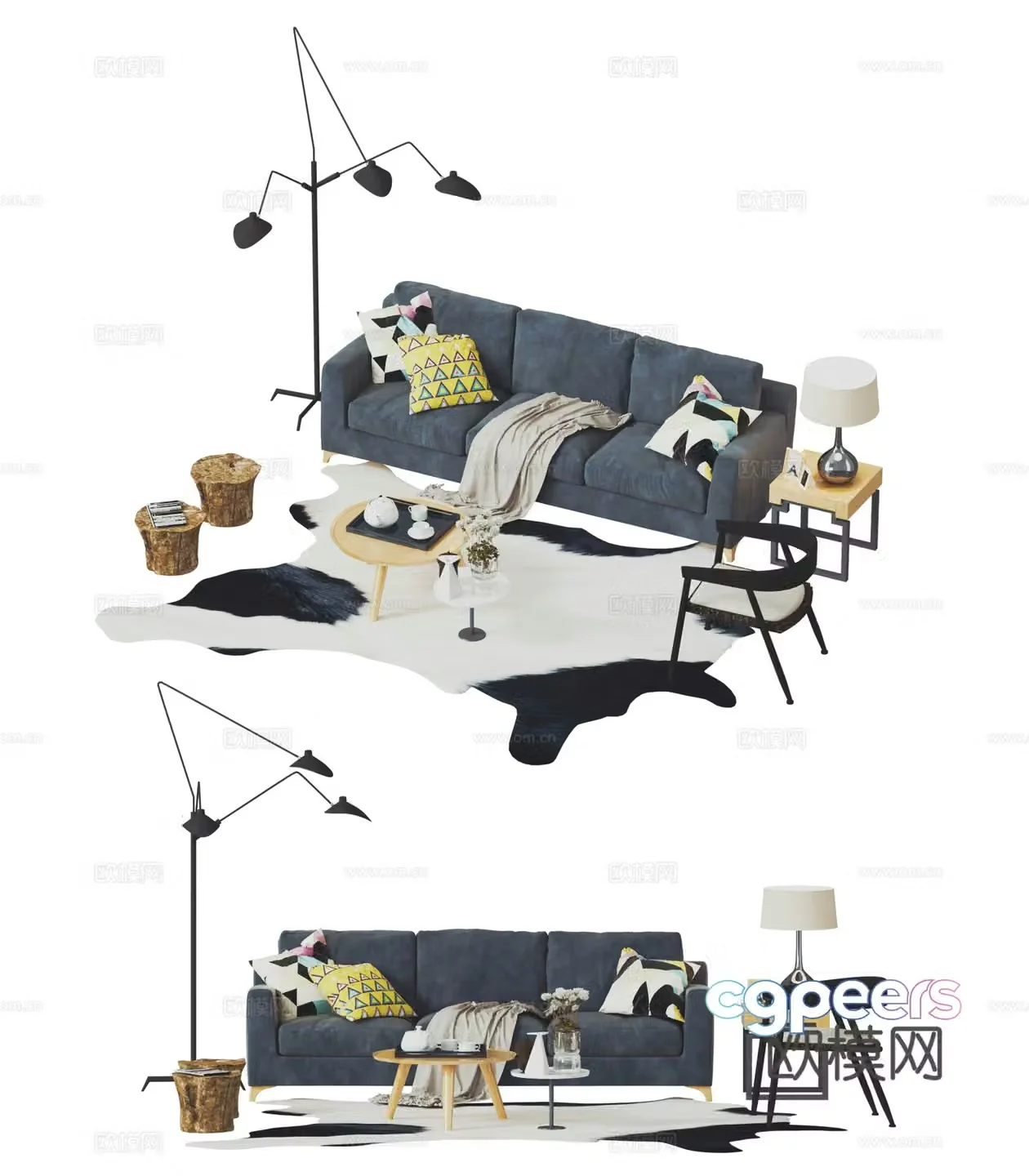 Industrial style sofa combination multi-person sofa wooden pile stool multi-head floor lamp wrought-iron leisure chair 3D model