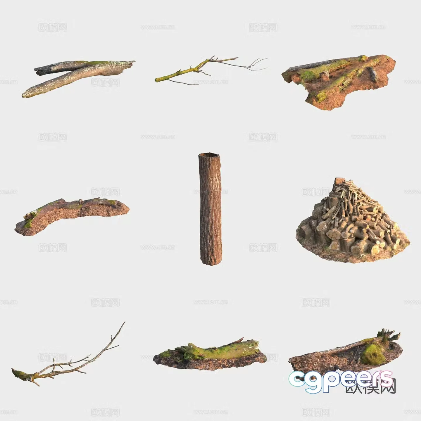 Tree trunk branches stump firewood pile dead wood moss 3d model