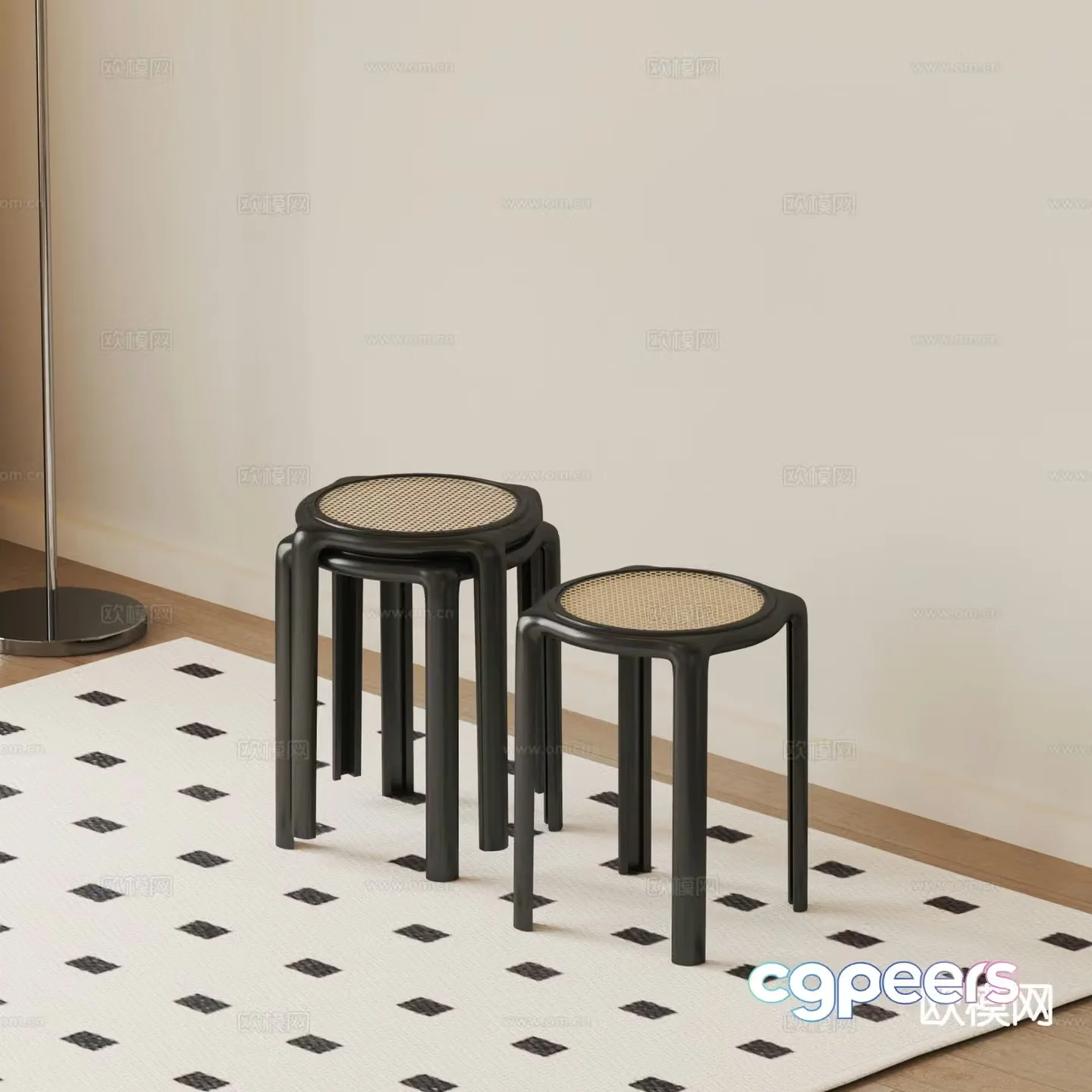 Wabi-sabi round dining chair rattan stool round stool 3D model