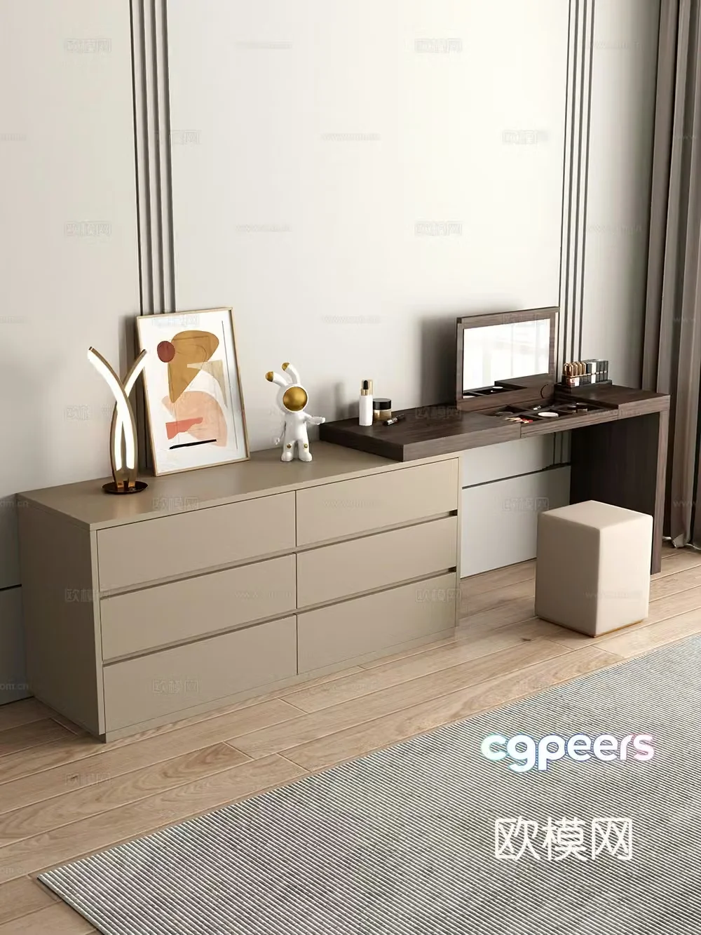 Modern style dressing table makeup stool combination dressing table makeup stool mirror decoration hanging painting 3D model