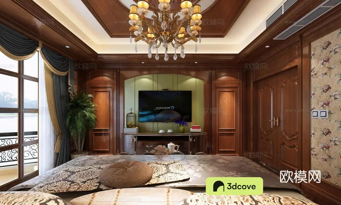 American style villa master bedroom bed background TV cabinet decoration