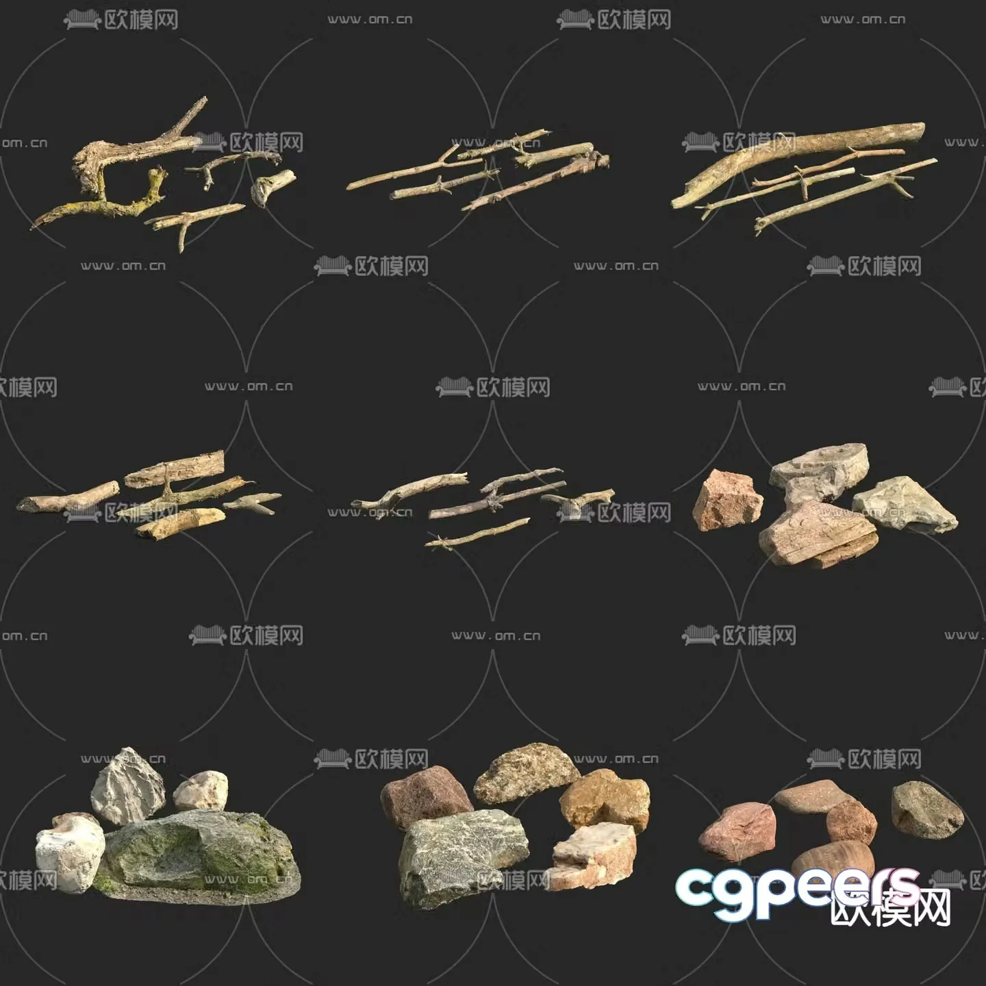 dead tree trunk branch stone rock 3d model