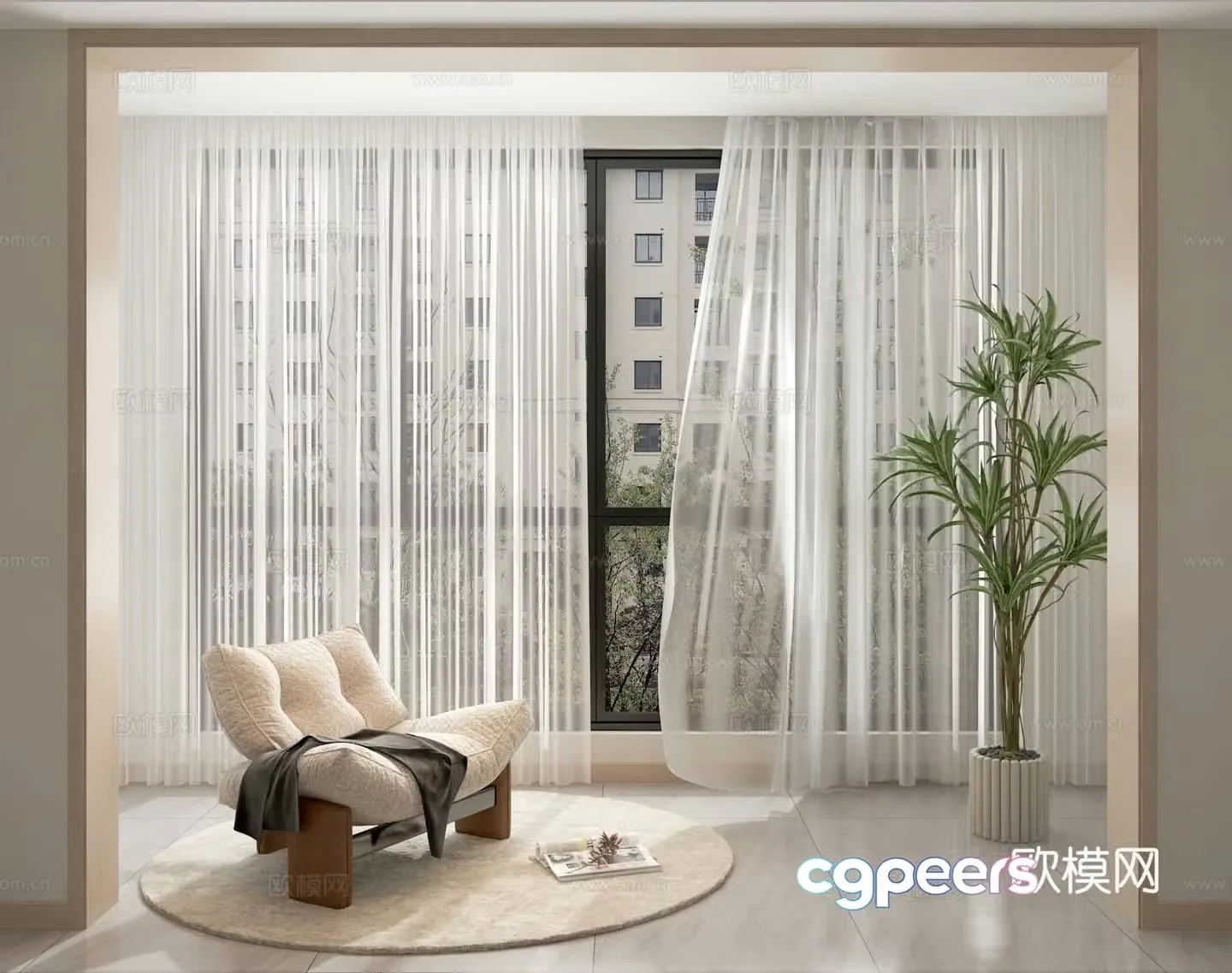 Modern balcony lazy sofa window screen curtain 3d model