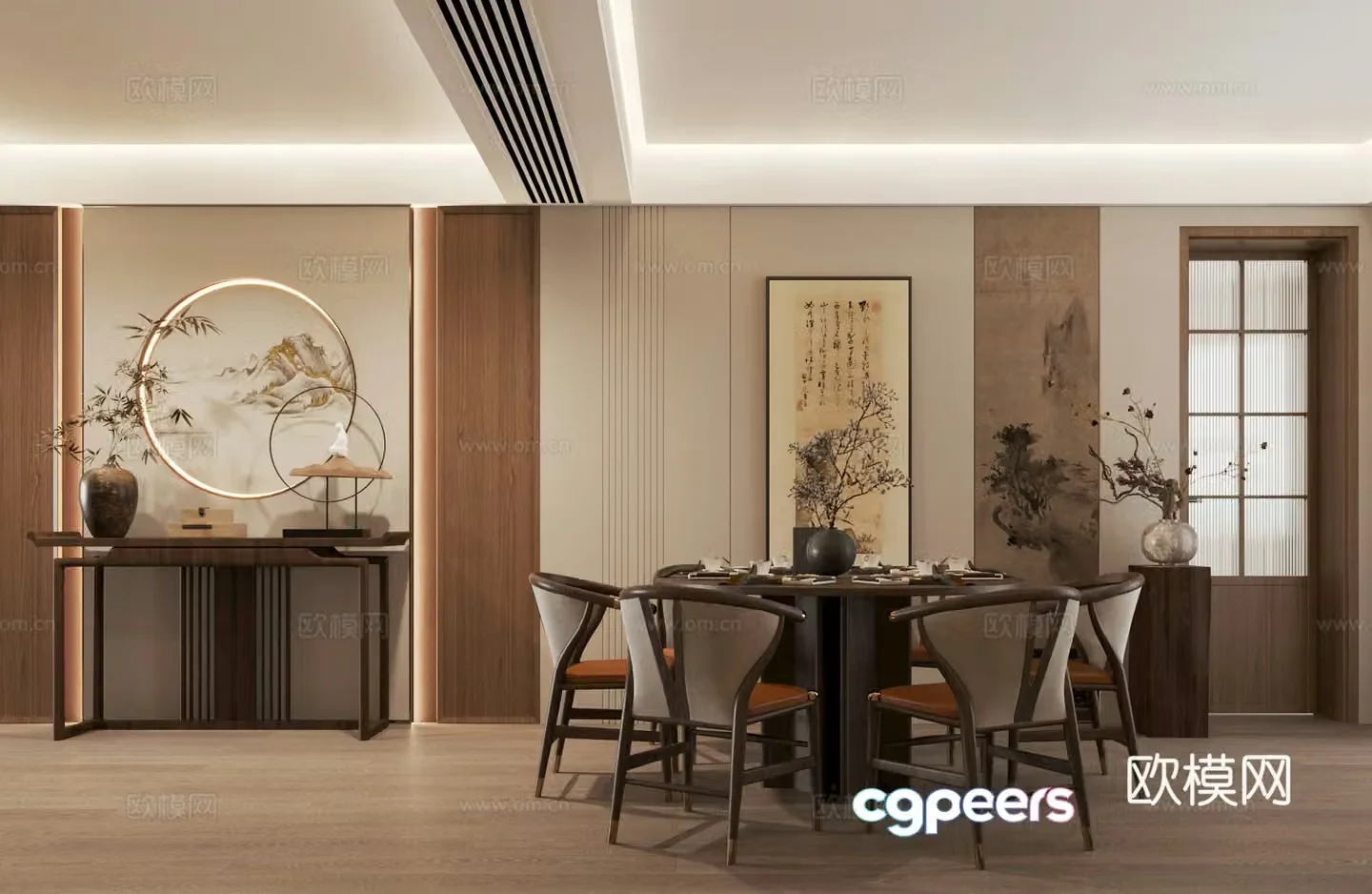 New Chinese style home restaurant round dining table strip table dining table chair combination 3D model