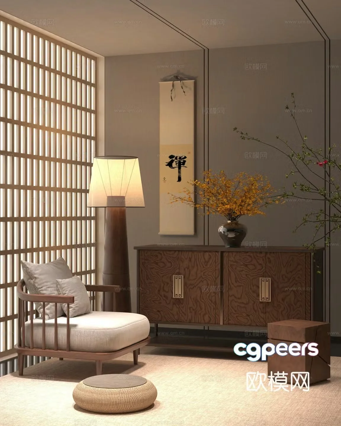 New Chinese style chest of drawers side cabinets single casual chairs floor lamps Chinese flower arrangement 3D model
