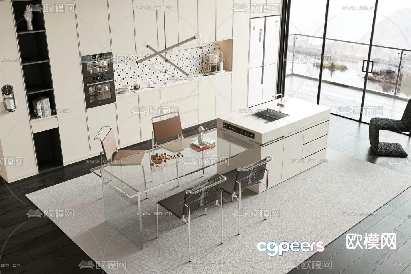 Cream style dining table and chairs 3d model