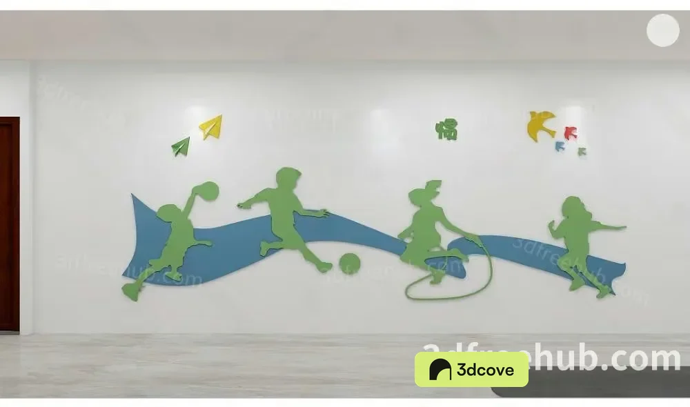 A 3D Rendering Of A Wall With A Mural Of Children Playing Sports