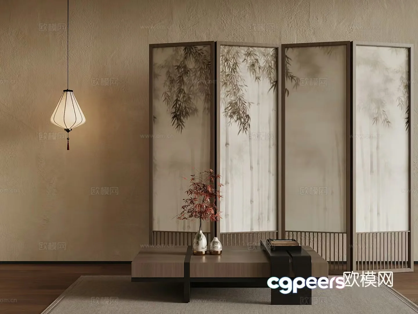 New Chinese-style screen coffee table chandelier 3d model
