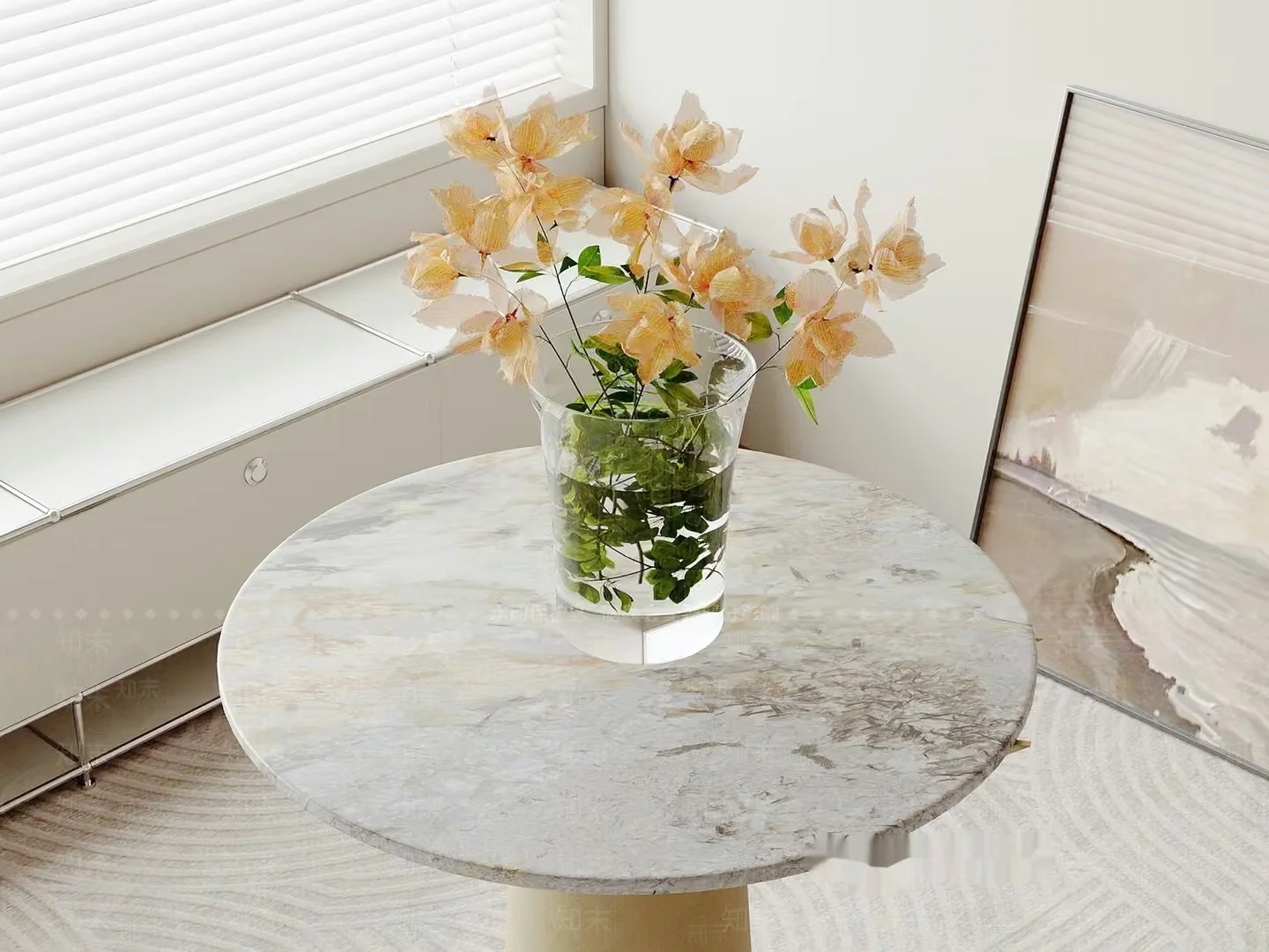 A Round Table With A Marble Top And A Vase Of Flowers On It 3D Model – 23207 – VRAY Render