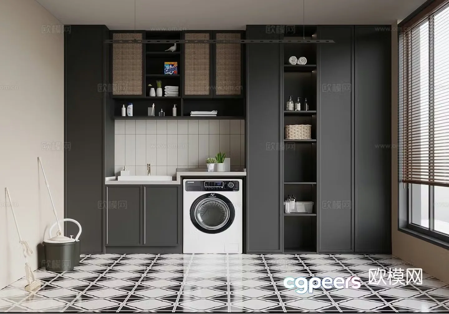 French washing machine cabinet clothes drying rack 3d model