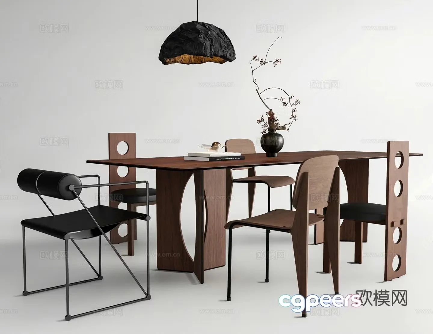 Modern medieval dining table and chairs Solid wood dining chairs Long-shaped chairs Back chairs Stainless steel chairs Stone 3D model