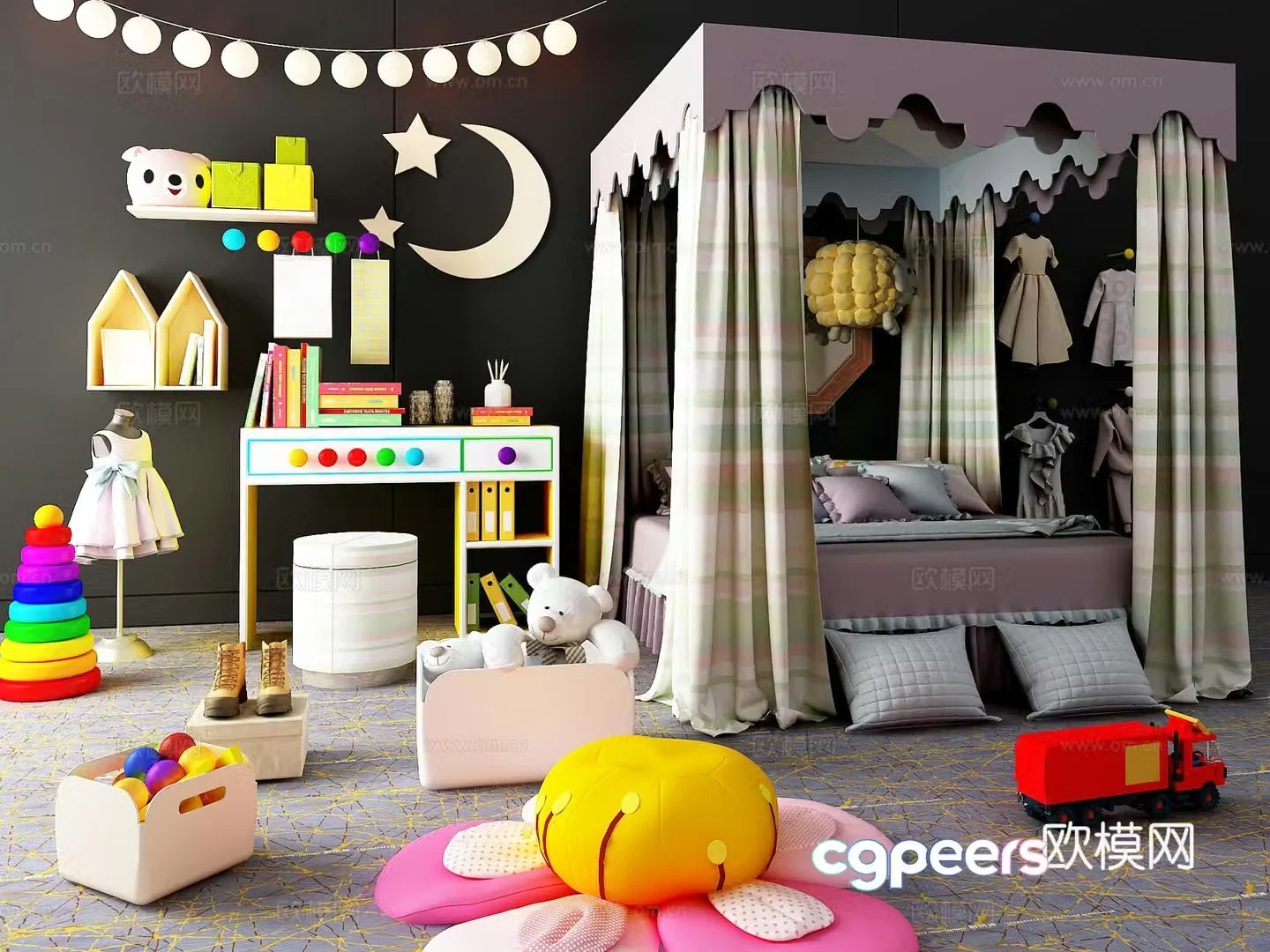 Simple European children’s room princess room cartoon curtain bed toy doll wall decoration children’s bed 3D model