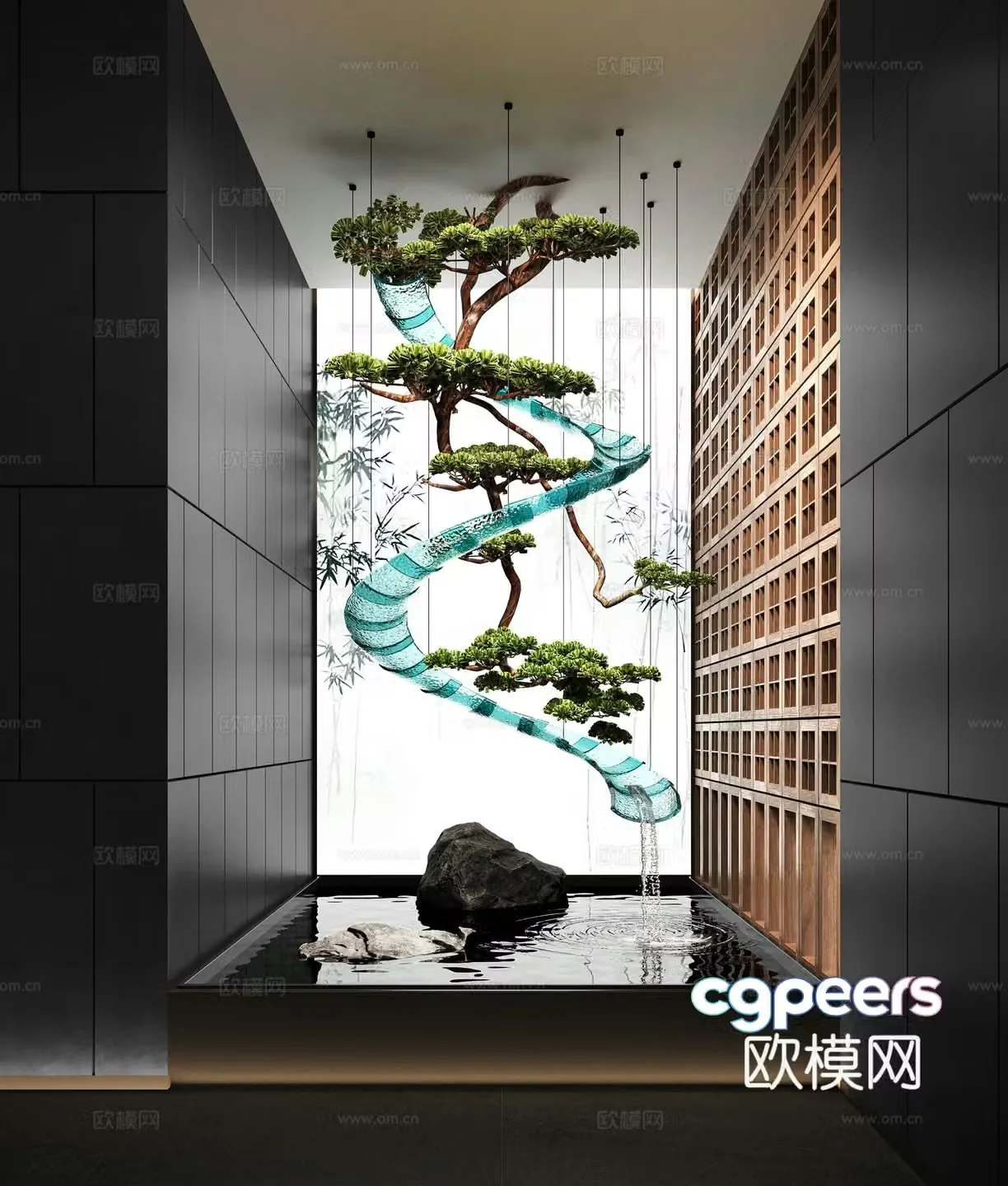 New Chinese style indoor water landscape flowing water landscape stone upside down pine trees 3D model