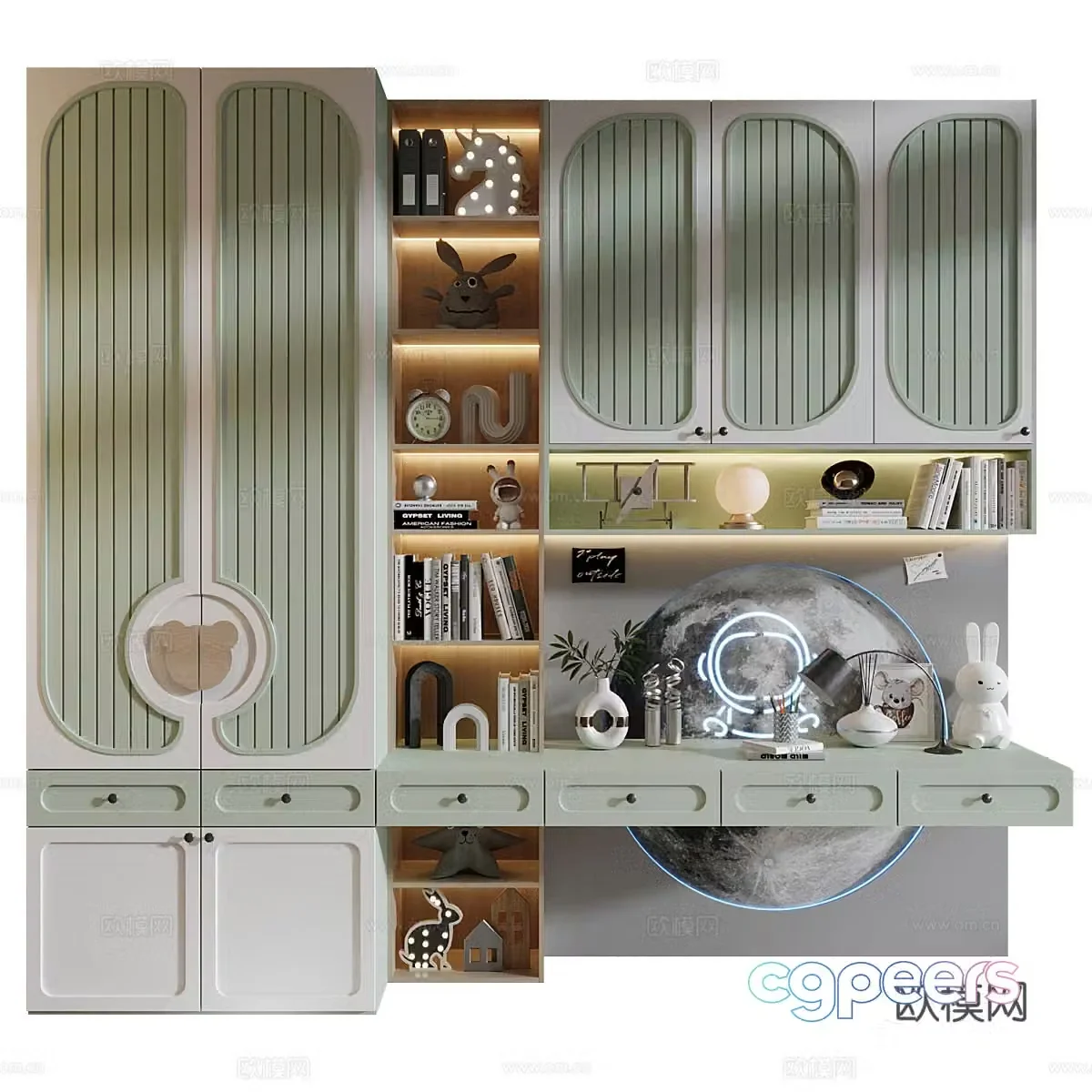 Modern cream style children’s bookcase wardrobe combination 3D model