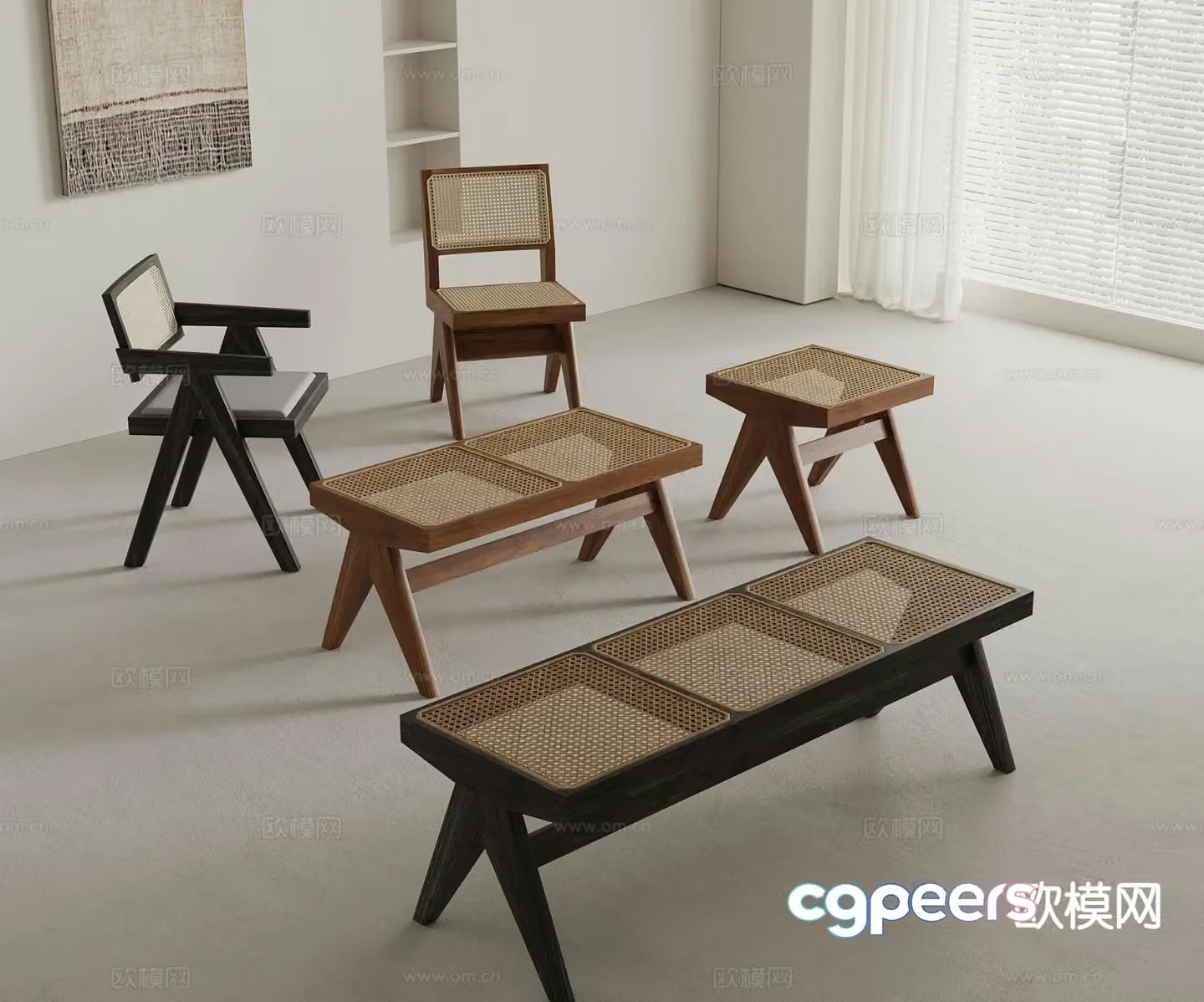 Modern rattan stool bar stool bench 3d model