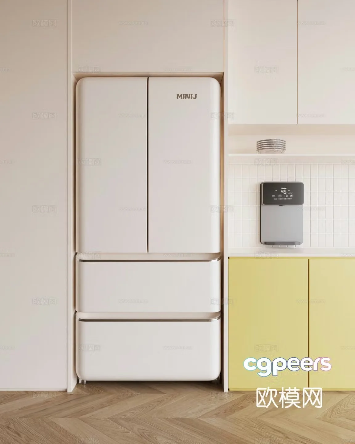 Modern creamy refrigerator four-door refrigerator 3d model