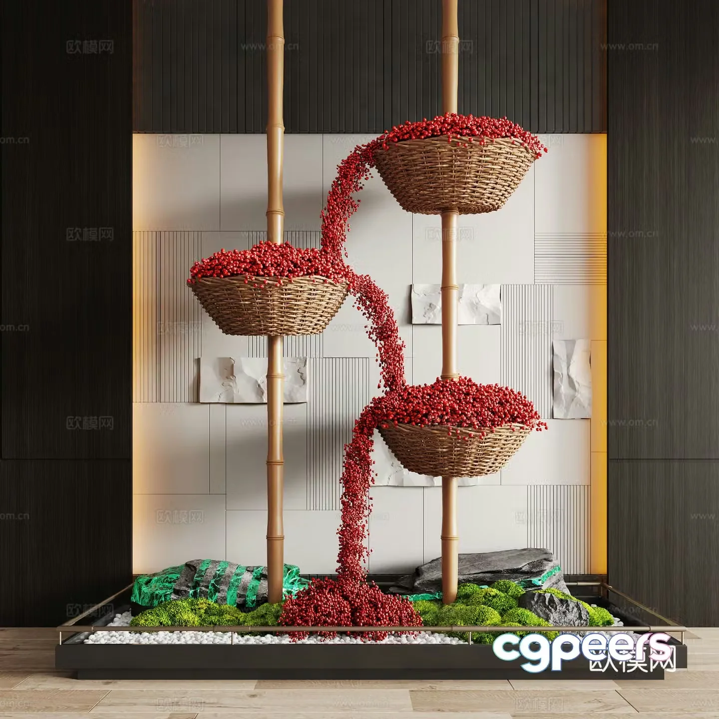 New Chinese-style landscape landscaping Brucea Landscape Stone Art installation Rattan weaving installation 3D model