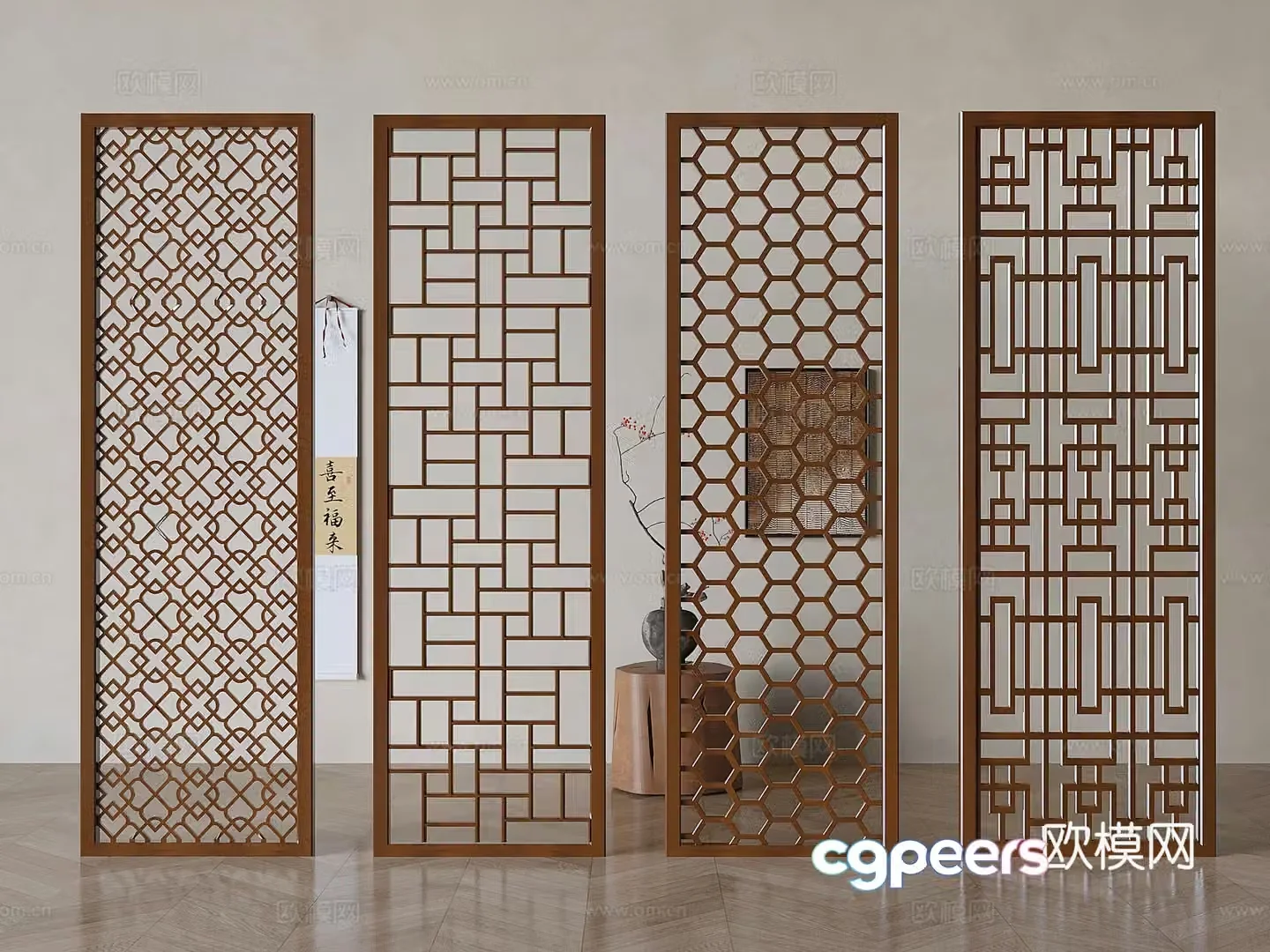 Chinese lattice wooden screen hollow screen 3d model