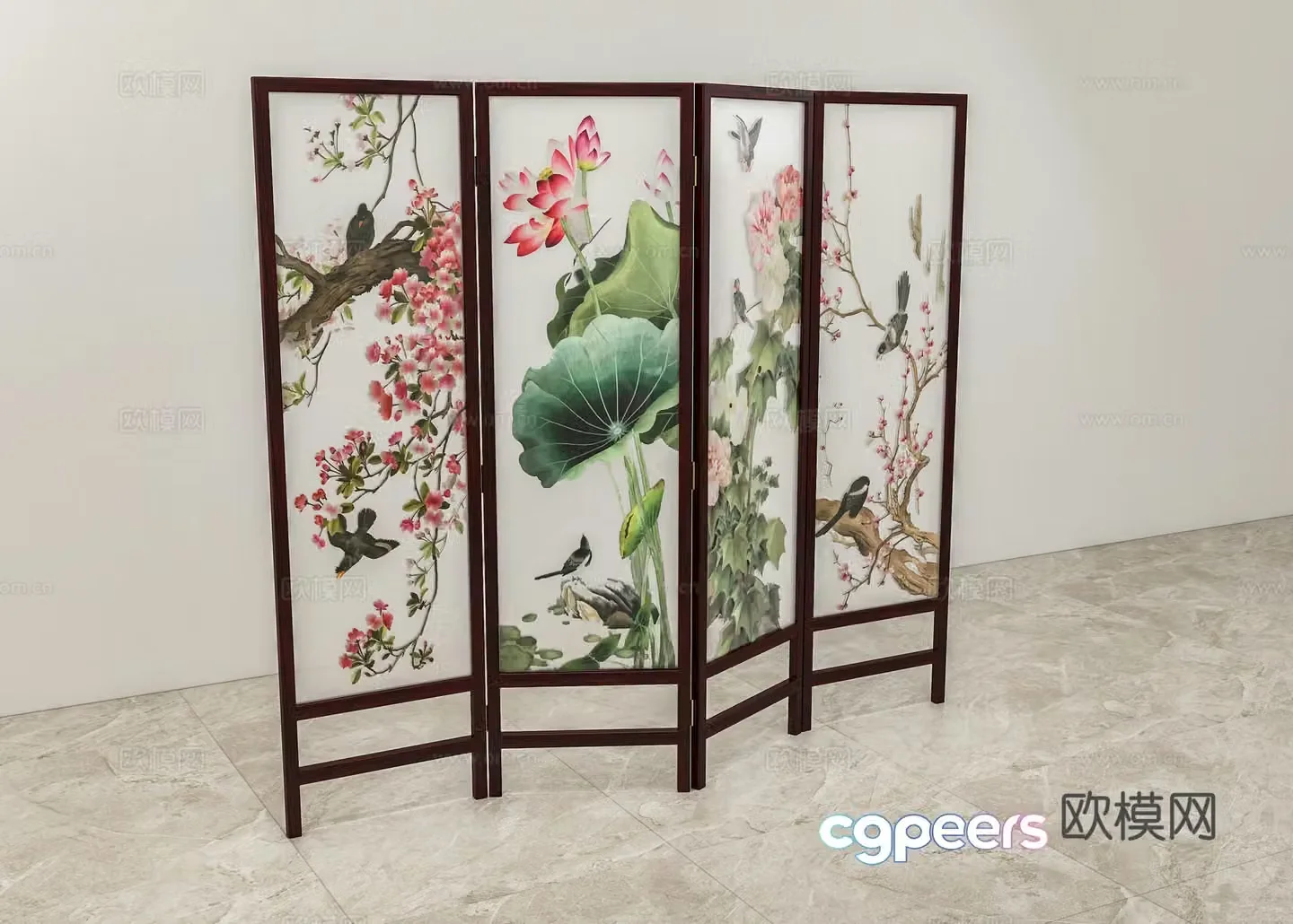 Chinese four-fan screen embroidered flowers and birds solid wood mahogany 3D model