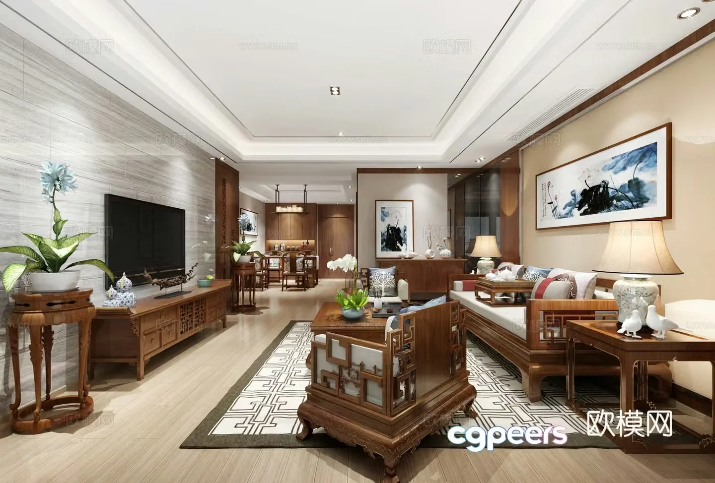 New Chinese style living room and dining room sofa and coffee table dining table and chairs side table single chair chandeliers decorative cabinet 3d model