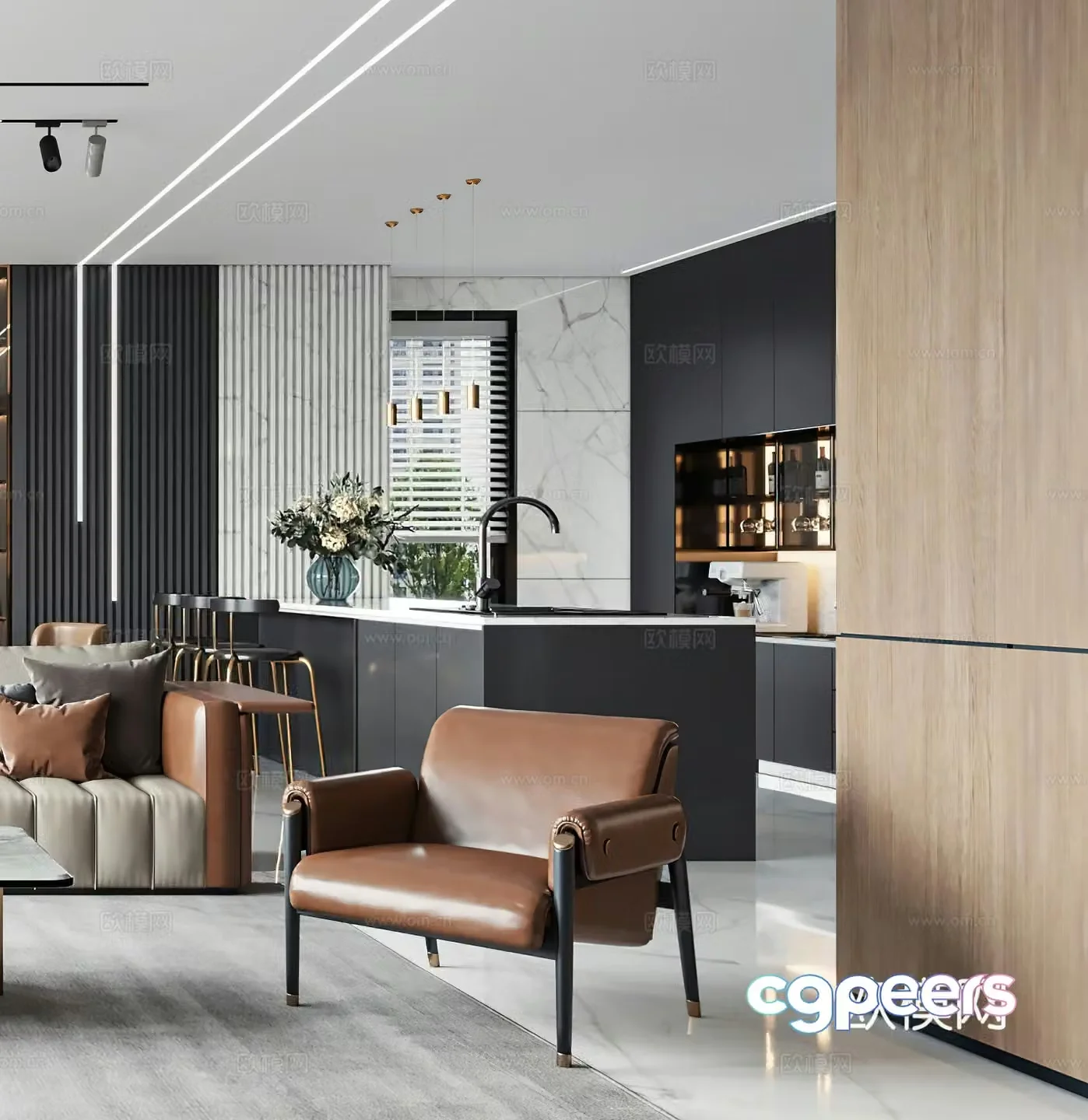 Italian leisure chair bar open kitchen western kitchen social hall modern leisure chair light luxury 3D model