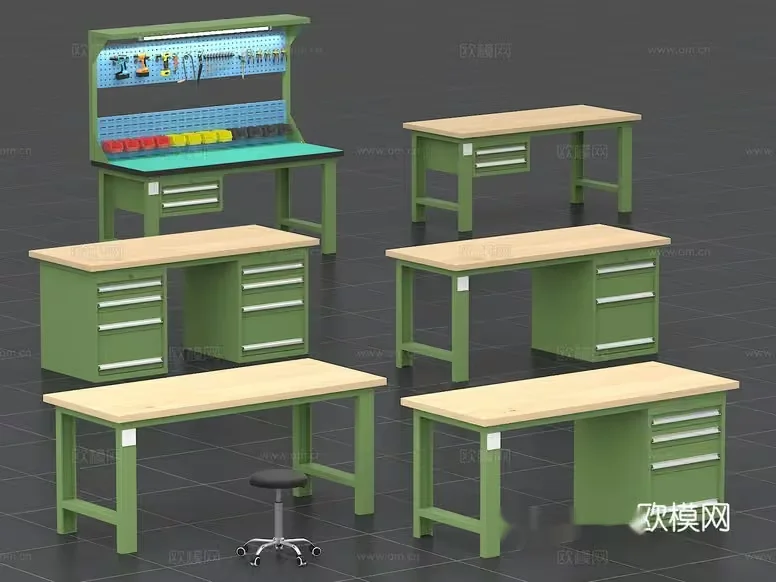 A Green And Light-Colored Wooden Workbench 3D Model – 3126 – VRAY Render