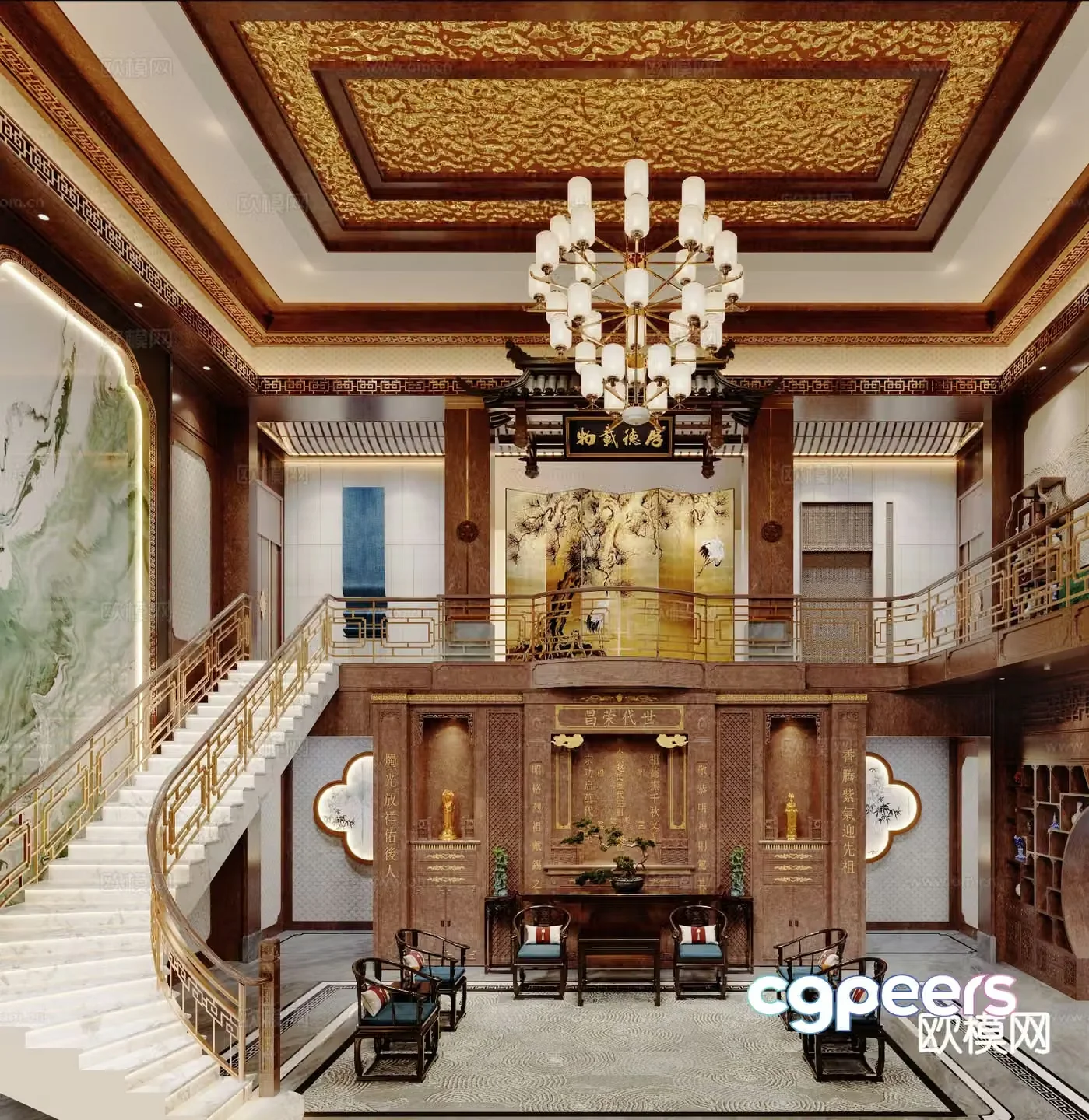 New Chinese style villa hall 3D model