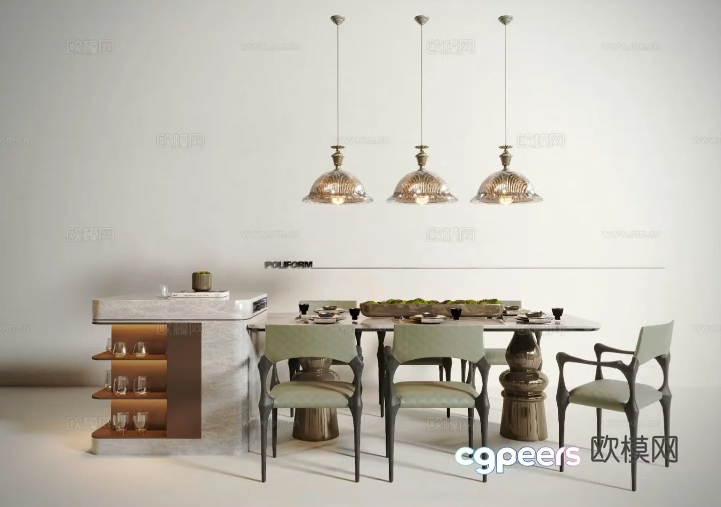 Island table dining table and chairs 3d model