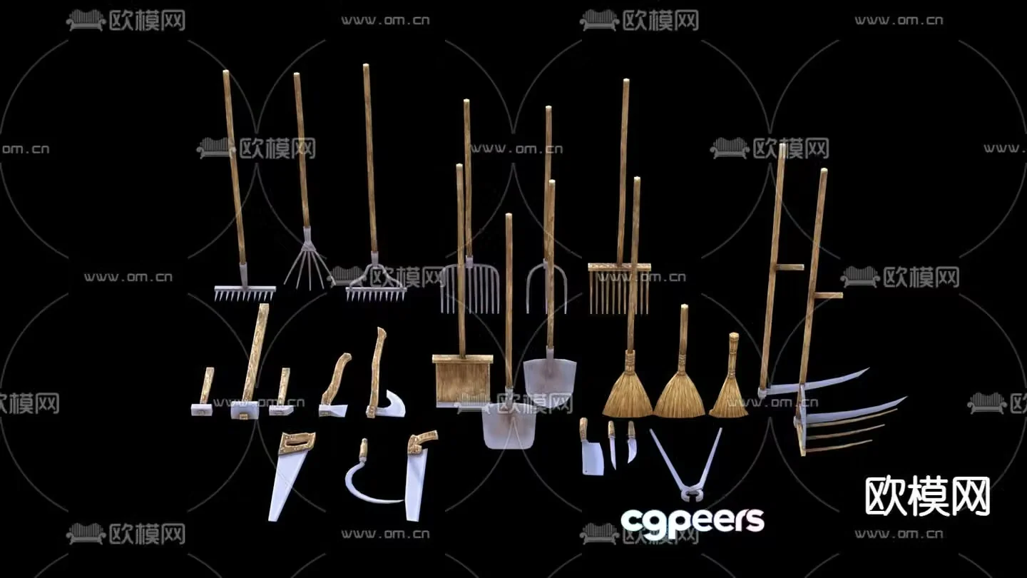 Farm tools sickle hoe broom 3d model