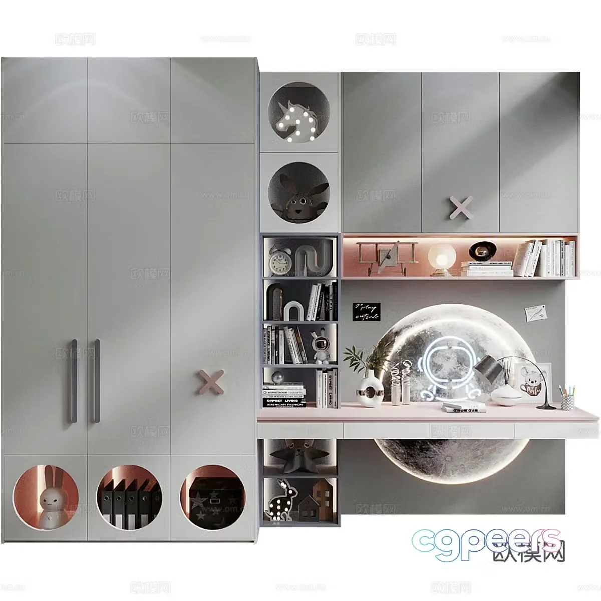 Modern children’s wardrobe bookcase combination 3D model