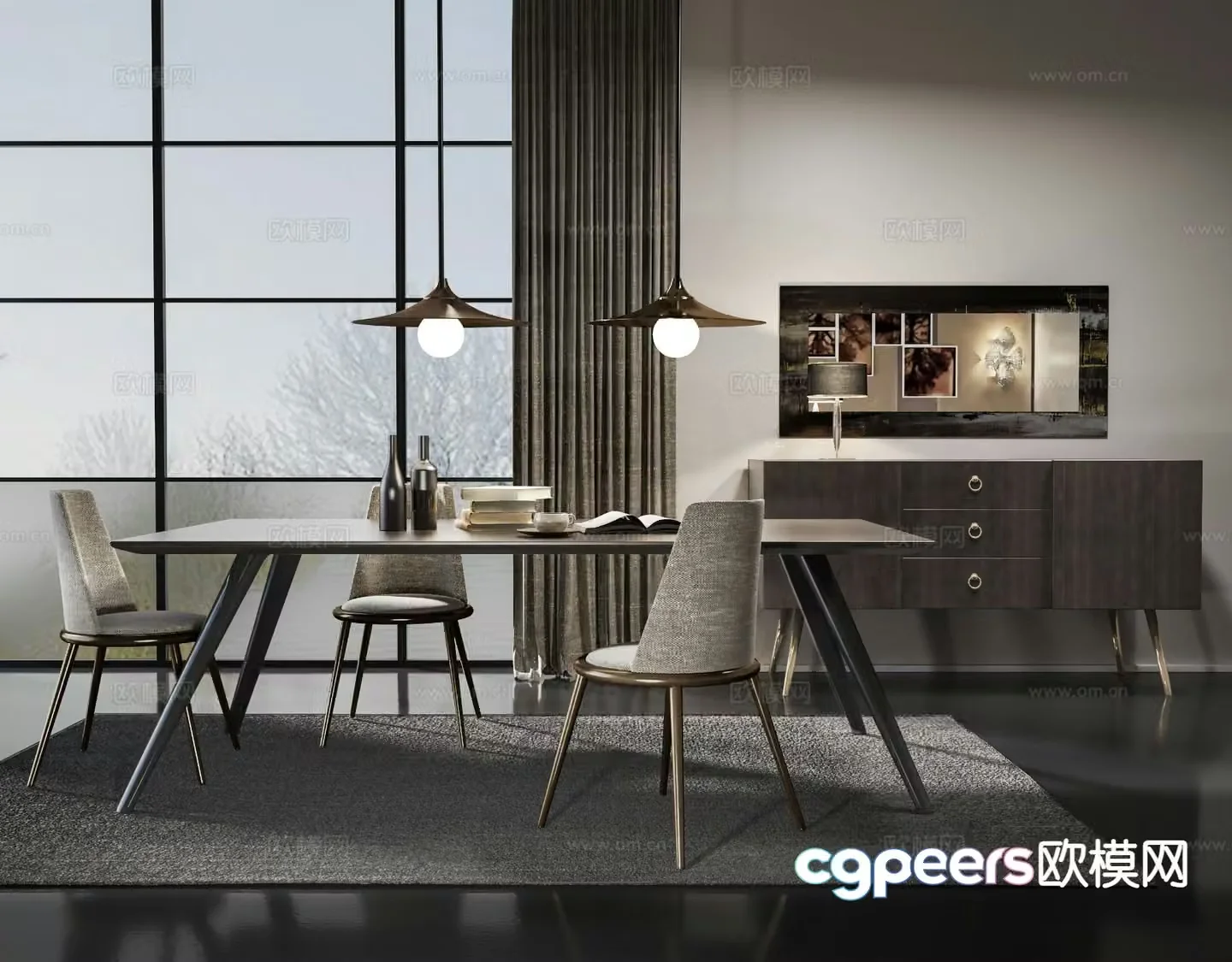 Modern long dining table and chairs 3d model